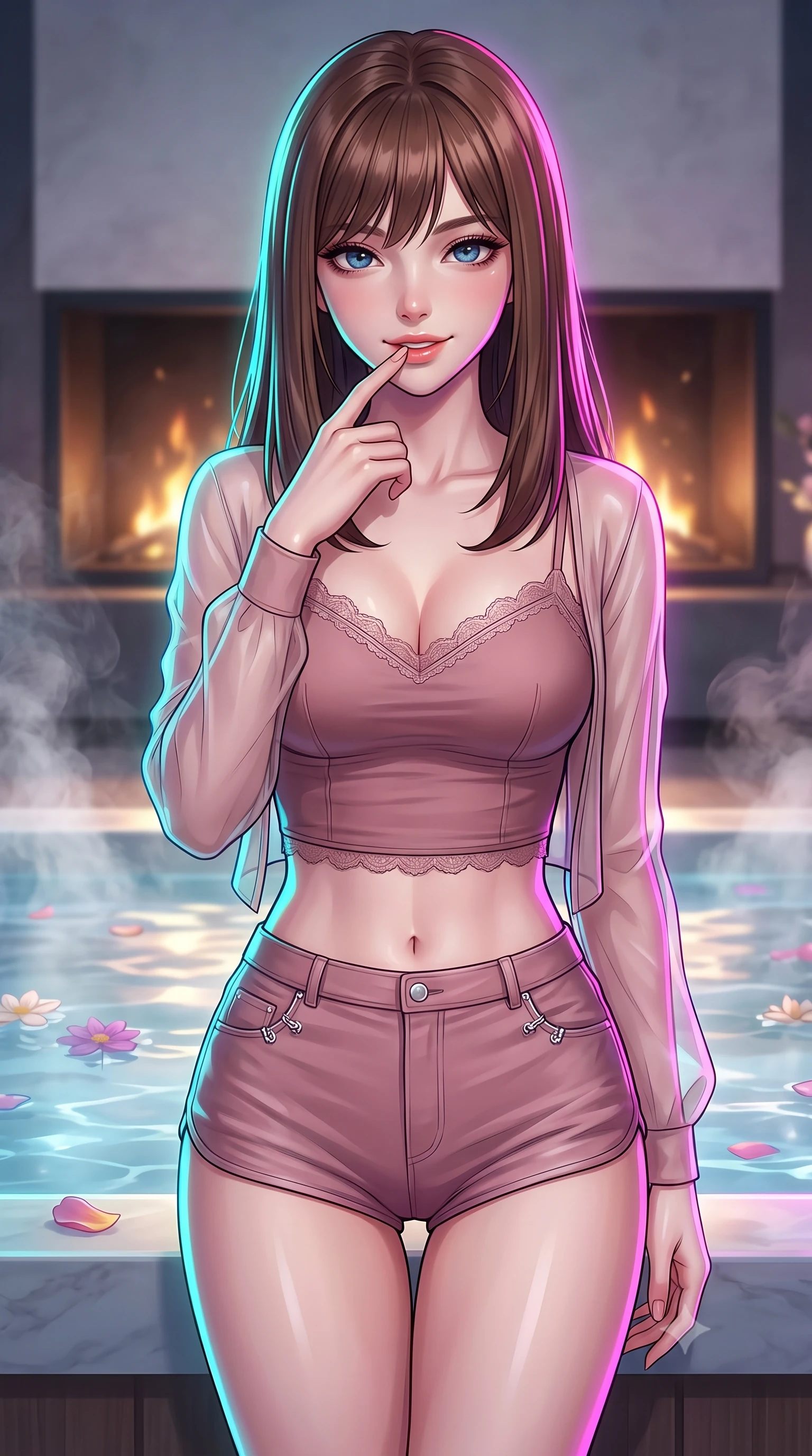score_9, masterpiece, best quality, ultra-detailed, high-budget anime keyframe, editorial fashion photography, tasteful artistic composition, Korean woman. close-up cowboy shot from the waist and thighs up, the character dominates the composition, filling the frame with her large presence, background elements kept in soft focus. gently touching her lower lip with one finger, looking up at the viewer with a deeply charming, sultry smile set against a soft-focus background of inside an exclusive fireplace lounge with rising mineral steam and floating flower petals on the clear water surface. She has an exceptionally elegant, slender, and willowy female figure with an ultra-slim waist, a gracefully sculpted slender torso, and a refined silhouette. sharp v-shaped jawline, high-bridge nose, intricate jewel-like eyes with depth, thick eyelashes, glossy lips with a natural sheen. wearing slim-fit dusty rose delicate lace delicate lace-trim crop top worn under a sheer organza cardigan with high-waist micro-shorts accented with delicate silver hardware. drenched in dramatic neon rim-lighting that traces the sleek contours of her figure. highly saturated vibrant anime colors, detailed shading with soft gradients, rich glossy textures, high-contrast stereoscopic depth, volumetric dynamic lighting, master piece, 9:16 ratio