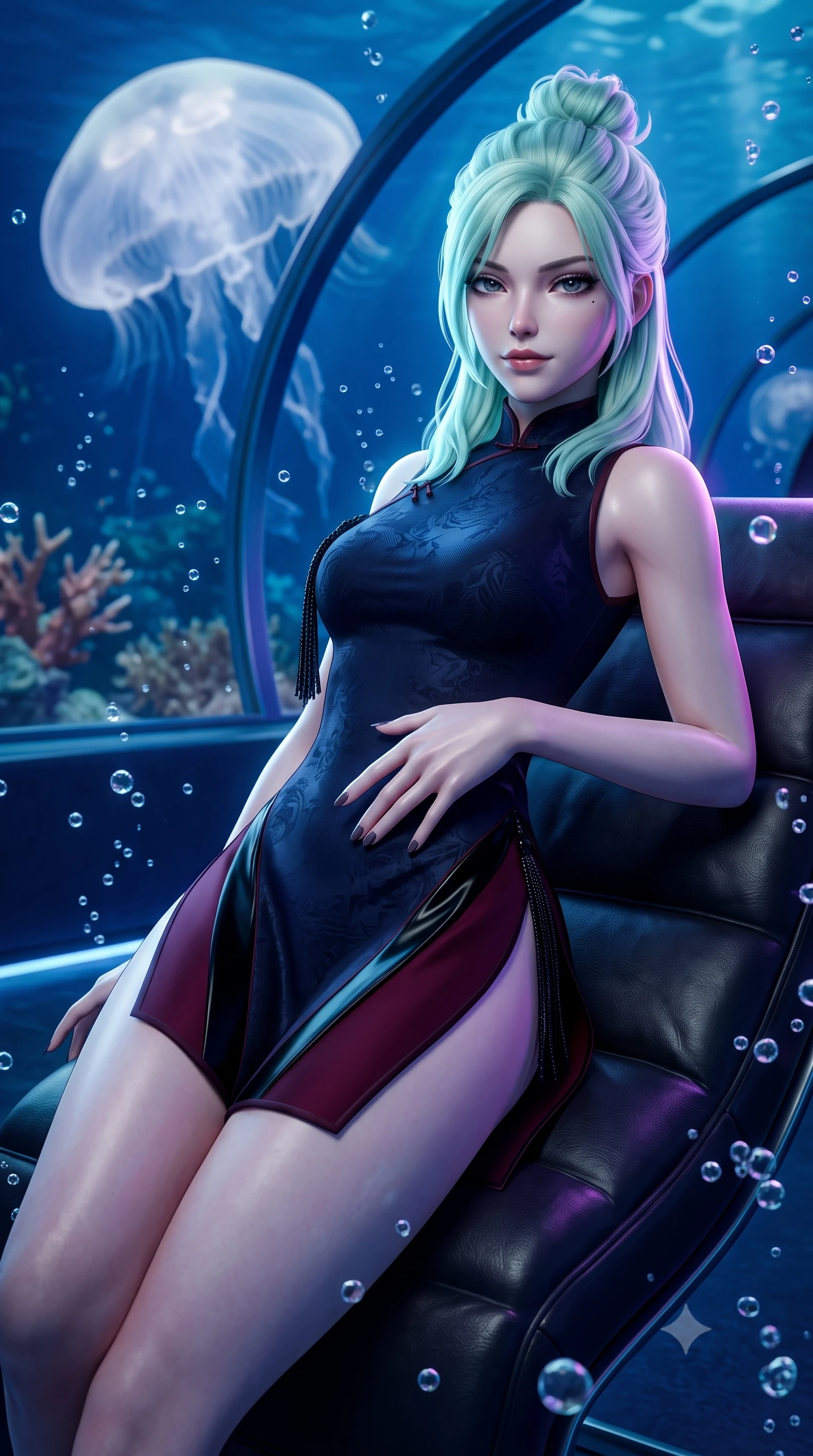 score_9, masterpiece, best quality, ultra-detailed, high-budget anime keyframe, semi-realistic 3D game render, editorial fashion photography, tasteful artistic composition, Japanese woman. close-up cowboy shot from the waist and thighs up, the character dominates the composition, filling the frame with her large presence. leaning back against the leather lounge with relaxed seductive grace, one hand resting on her flat midriff as her narrow waist and curvy hips command the frame while standing centered within the curved acrylic tunnel as colossal translucent moon jellyfish pulse silently, arching her back with an ethereal, sovereign expression. The composition keeps background elements in soft focus with dreamy creamy bokeh. deep ocean water currents and floating air micro-bubbles softened in surreal aquatic shallow focus. She has an exceptionally elegant, slender, and willowy female figure with an ultra-slim waist, flat toned midriff, narrow ribcage, and sculpted feminine hips creating an alluring, slim hourglass silhouette without bulk. sharp v-shaped jawline, high-bridge nose, intricate jewel-like dark sparkling eyes with dangerous depth, thick curled eyelashes, glossy parted lips with a rich wine sheen, smoldering seductive half-smile with bedroom-eyes, exuding effortless superiority and intoxicating dark allure, flawlessly proportioned anatomical accuracy, strict slender model proportions, natural body alignment, perfectly sculpted long slender limbs, ultra-slim waistline, clean dynamic posture without body distortion. wearing a modern tailored cheongsam mini dress in midnight navy jacquard silk with dramatic side hip slits in deep wine burgundy and lustrous obsidian, tailored from fine lightweight midnight wool crepe with crisp architectural structure, accented with fine jet-black beaded tassels that sway with each movement, the high-waisted tailoring accentuating her ultra-slim waistline and the enchanting curve of her feminine hips with alluring dark charm. illuminated by pulsating ultraviolet rim lights and caustic water reflections sharply carving her razor-sharp jawline, narrow waist, and curvy hips. highly saturated vibrant anime colors, detailed shading with soft gradients, rich glossy textures, high-contrast stereoscopic depth, volumetric dynamic lighting, master piece, 9:16 ratio