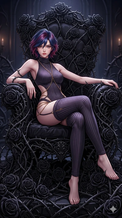 score_9, masterpiece, best quality, ultra-detailed, High-budget Anime Keyframe, East Asian woman. Dynamic full-body shot stretching the vertical silhouette to the limit. Scenario 290: Resting on a throne of black roses, thorns grazing her skin. Her p