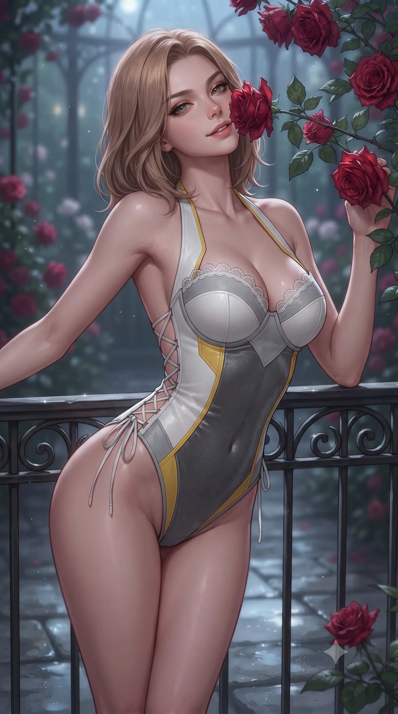 score_9, masterpiece, best quality, ultra-detailed, high-budget anime keyframe, editorial fashion photography, tasteful artistic composition, Korean woman. close-up cowboy shot from the waist and thighs up, the character dominates the composition, filling the frame with her large presence. leaning back against the balustrade with relaxed seductive grace, head tilted back slightly while casting a hypnotic, heavy-lidded gaze while leaning against the wrought-iron conservatory ribbing with hips cocked back, looking through tangled red roses with an irresistible bedroom-gaze. The background shows a soft-focus rising floral greenhouse mist softened in romantic nocturnal shallow focus. She has an exceptionally elegant, slender, and willowy female figure with an ultra-slim waist, flat toned midriff, narrow ribcage, and sculpted feminine hips creating an alluring, slim hourglass silhouette without bulk. sharp v-shaped jawline, high-bridge nose, sparkling eyes with hypnotic seductive depth, thick curled eyelashes, glossy parted lips with a natural dewy peach sheen, alluring bedroom-eyes with an enchanting coquettish smile, exuding magnetic siren charisma and sophisticated glamour, flawlessly proportioned anatomical accuracy, strict slender model proportions, natural body alignment, perfectly sculpted long slender limbs, ultra-slim waistline, clean dynamic posture without body distortion. wearing a slinky backless halterneck velvet leotard with scalloped eyelash lace hems and sheer lace-up side ties in Bauhaus optic white and concrete grey with primary yellow accents, tailored from fine structural neoprene with crisp architectural edges and smooth contouring, finished with scalloped eyelash lace trim framing her sweetheart neckline with intimate elegance, the second-skin tailored fabric adhering flawlessly to her sculpted flat midriff and slender torso, emphasizing her long leg lines and perfectly proportioned willowy build. illuminated by wet stone floor reflections and sharp platinum rim lights defining her delicate clavicles, ultra-slim waist, and curvy hips. ultra-reflective glossy finish, specular highlights, rich textural contrasts, high-contrast stereoscopic depth, volumetric dynamic lighting, 2k, ultra detail, master piece, 9:16 ratio
