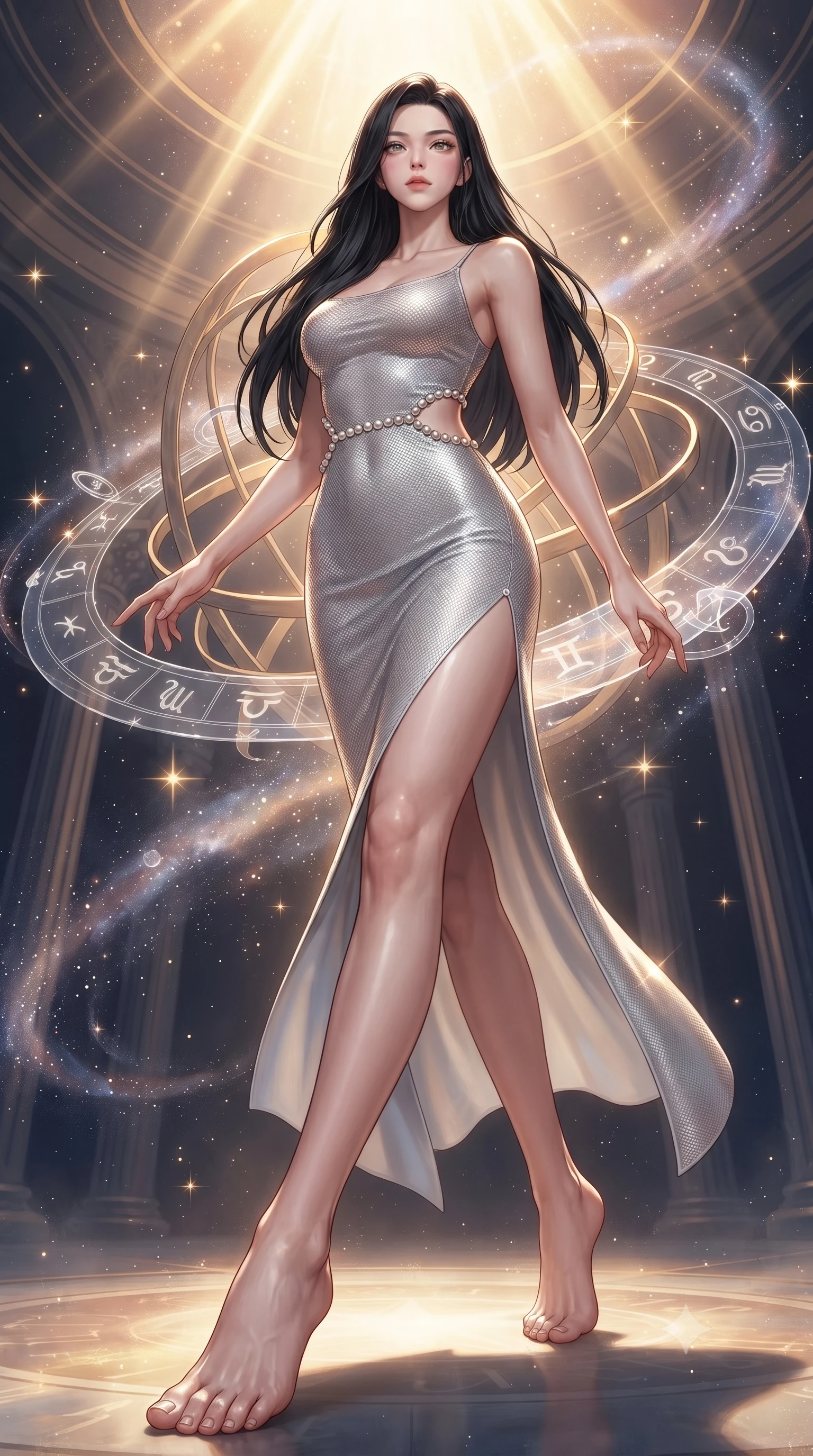 score_9, masterpiece, best quality, ultra-detailed, high-budget anime keyframe, editorial fashion photography, tasteful artistic composition, Korean woman. low angle full-body shot from head to toe showing her feet, filling the entire 9:16 vertical frame with her statuesque presence, stretching her vertical silhouette. navigating the celestial sanctuary with an effortless, graceful stride, navigating an armillary sphere hall surrounded by swirling streams of galaxy dust, translucent zodiac glyphs orbiting her delicate fingertips. She has an absolutely perfect, statuesque 8.5-heads proportion, an exceptionally tall and slender model-like female figure with impossibly long slender legs and an ultra-slim waist. sharp v-shaped jawline, high-bridge nose, intricate jewel-like eyes with depth, thick eyelashes, glossy lips with a natural sheen. wearing fitted opal-glazed silk maxi dress hugging every curve in radiant platinum, made of fine silver contouring mesh, adorned with minimalist pearl hardware framing the waistline, the fitted fabric emphasizing her ultra-slim waist. illuminated by brilliant golden starlight rays and warm celestial inner glow. ultra-reflective glossy finish, specular highlights, metallic sheen, high-contrast stereoscopic depth, volumetric dynamic lighting, 2k, ultra detail, master piece, 9:16 ratio