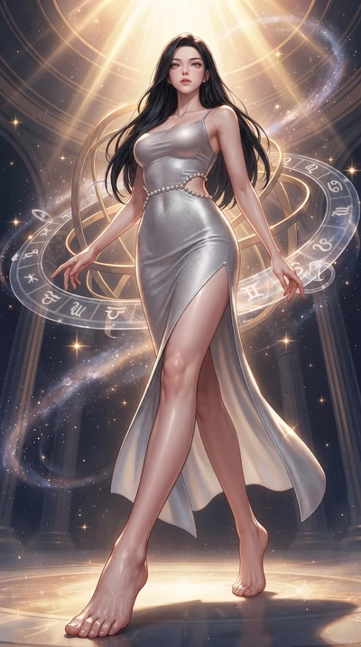 score_9, masterpiece, best quality, ultra-detailed, high-budget anime keyframe, editorial fashion photography, tasteful artistic composition, Korean woman. low angle full-body shot from head to toe showing her feet, filling the entire 9:16 vertical f