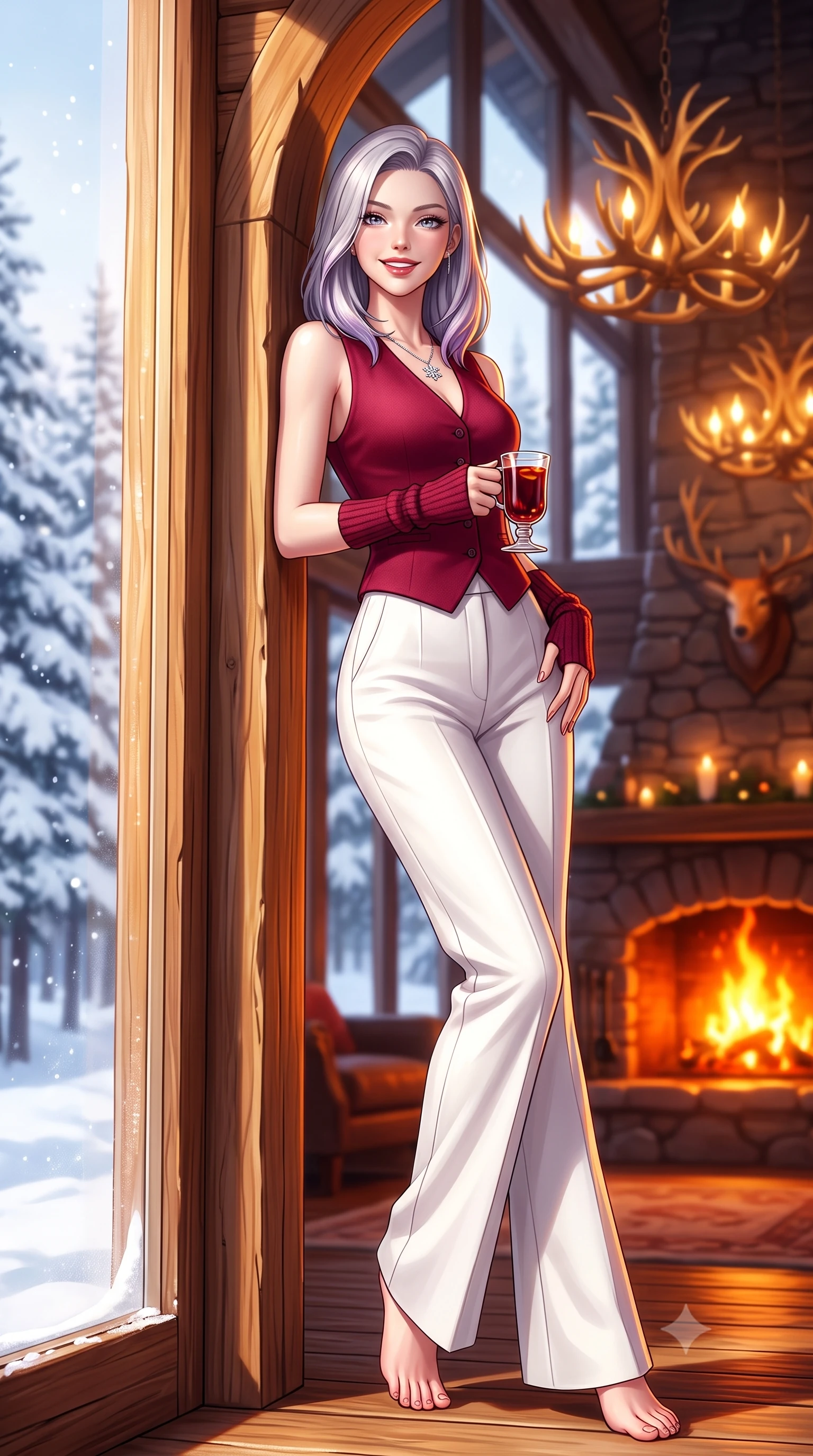 score_9, masterpiece, best quality, ultra-detailed, high-budget anime keyframe, semi-realistic 3D game render, editorial fashion photography, tasteful artistic composition, Caucasian woman. low angle full-body shot from head to toe showing her feet, filling the entire 9:16 vertical frame with her statuesque presence, stretching her vertical silhouette. leaning deep against the sunlit chalet archway with hips cocked back in a cute yet unapologetically alluring high-fashion stance, flashing a warm beaming smile while twisting her slender torso in an alluring contrapposto stance, holding a glass of mulled wine as snow blankets the forest outside double-height windows. The composition keeps background elements in soft focus with dreamy creamy bokeh. roaring orange fireplace embers and glowing antler chandeliers softened in opulent Rocky Mountain shallow focus. She has an exceptionally tall and slender model-like 8.5-heads proportion, an ultra-slim waist, a flat toned midriff, narrow delicate ribcage, and beautifully sculpted feminine hips creating a graceful, slim hourglass silhouette without any bulky heaviness, with impossibly long slender legs. sharp v-shaped jawline, high-bridge nose, sparkling ice-crystal eyes with depth, frosty thick lashes, glossy parted lips with a rosy berry sheen, bright playful smile with an intoxicating seductive glint, rosy flushed cheeks radiating cozy warmth and dangerous allure, flawlessly proportioned anatomical accuracy, strict slender model proportions, natural body alignment, perfectly sculpted long slender limbs, ultra-slim waistline, clean dynamic posture without body distortion. wearing a tailored cashmere vest worn closed against bare skin with high-waisted wide-leg wool trousers in rich winter berry crimson and snow white, tailored from fine lightweight merino wool rib knit with structural contouring, featuring elegant fingerless knit wrist warmers and a dainty silver snowflake pendant, the high-waisted tailoring accentuating her ultra-slim waistline and the enchanting curve of her feminine hips with alluring winter charm. bathed in dynamic, dancing amber and orange firelight from the monumental hearth. highly saturated vibrant anime colors, detailed shading with soft gradients, rich glossy textures, high-contrast stereoscopic depth, volumetric dynamic lighting, master piece, 9:16 ratio