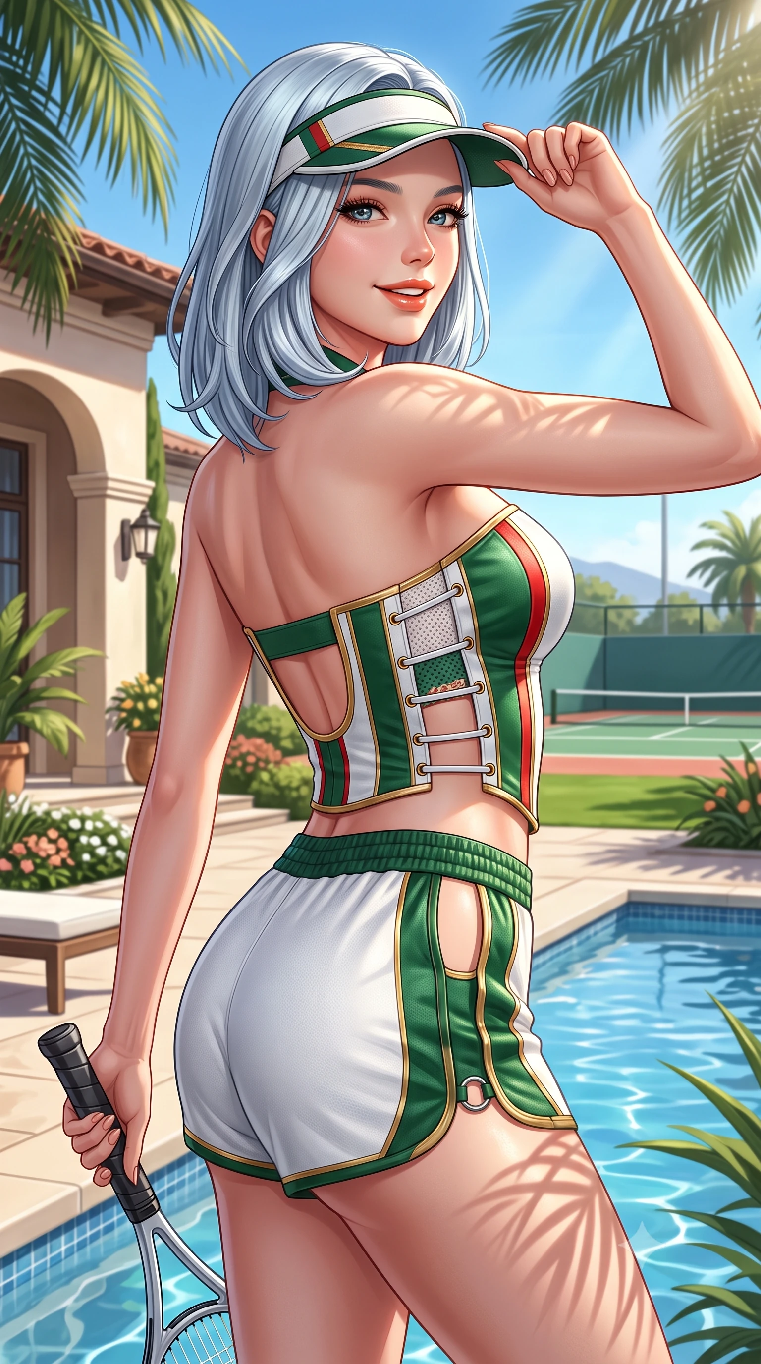 score_9, masterpiece, best quality, ultra-detailed, high-budget anime keyframe, semi-realistic 3D game render, editorial fashion photography, tasteful artistic composition, Korean woman. close-up cowboy shot from the waist and thighs up, the character dominates the composition, filling the frame with her large presence. tilting her head with a cute beaming smile while arching her spine with athletic poise, one hand adjusting her racing visor in a flirtatious S-curve while twisting her slender torso in an alluring contrapposto stance, holding a tennis racket while California palm shadows trace her curvy hips. The surrounding environment is rendered in vivid detail and crisp panoramic clarity: detailed piqué polo texture, golden California sun on skin, and legendary country club architecture in razor-sharp precision. She has an exceptionally elegant, slender, and willowy female figure with an ultra-slim waist, flat toned midriff, narrow ribcage, and sculpted feminine hips creating an alluring, slim hourglass silhouette without bulk. sharp v-shaped jawline, high-bridge nose, sparkling eyes with athletic focus and depth, thick curled eyelashes, glossy parted lips with a natural coral-peach sheen, bright confident and coquettish smile with alluring bedroom-eyes, exuding both youthful sporty vigor and sovereign high-society glamour, flawlessly proportioned anatomical accuracy, strict slender model proportions, natural body alignment, perfectly sculpted long slender limbs, ultra-slim waistline, clean dynamic posture without body distortion. wearing a strapless structured leather corset top with racing stripe accents paired with high-waisted track shorts in crisp Wimbledon white and British racing green with gold accents, crafted from supple buttery lambskin racing leather with a satin sheen, finished with sharp laser-cut side ventilation cutouts framed by chrome rings, the precision-cut side openings and low-back scoop framing her graceful spine and the sensual sweep of her slim, athletic hips. bathed in bright California afternoon sunbeams reflecting off sparkling pool water. highly saturated vibrant anime colors, detailed shading with soft gradients, rich glossy textures, high-contrast stereoscopic depth, volumetric dynamic lighting, master piece, 9:16 ratio