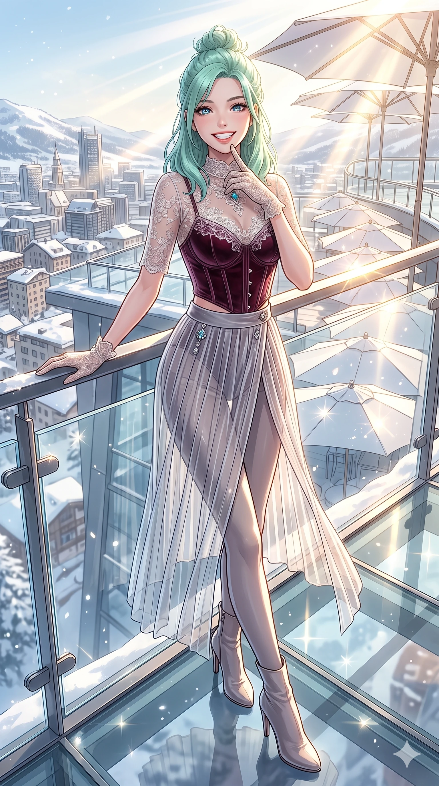 score_9, masterpiece, best quality, ultra-detailed, high-budget anime keyframe, vibrant anime aesthetic, Japanese woman. cowboy shot from the thighs up, character and outfit filling the frame for maximum presence. She is leaning on a balcony railing, looking at the viewer with a bright, joyful winter smile standing on a glass observation deck in the winter sun (Code-P21-139). She has an absolutely perfect 8-heads proportion, an exceptionally tall and slender female figure with impossibly long slender legs and an ultra-slim waist. V-shaped jawline, high-bridge nose, intricate jewel-like eyes with depth, thick eyelashes, glossy lips with a natural sheen. wearing a sheer lace crop top over a structured corset, paired with a transparent wrap skirt in winter. She is surrounded by bright sunbeams reflecting off white umbrellas, creating a luminous winter glow. 2k, ultra detail, master piece, 9:16 ratio