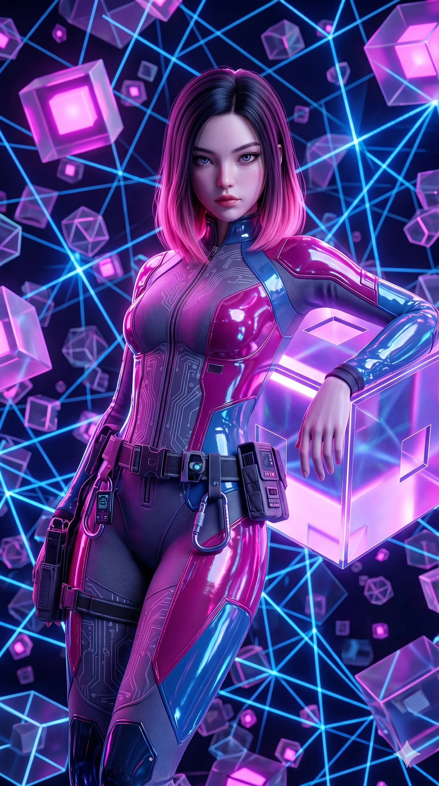 score_9, masterpiece, best quality, ultra-detailed, high-budget anime keyframe, semi-realistic 3D game render, Korean woman. Upper body close-up from the thighs up, character filling the screen for maximum presence. Inside a digital void with floating geometric shapes, leaning back against a floating cube, looking at the camera with an intense gaze. She is wearing a form-fitting tech-jumpsuit with glossy vinyl panels and a utility belt. The scene is illuminated by neon magenta strobe lights and sharp blue laser grids. 2k, ultra detail, master piece, 9:16 ratio