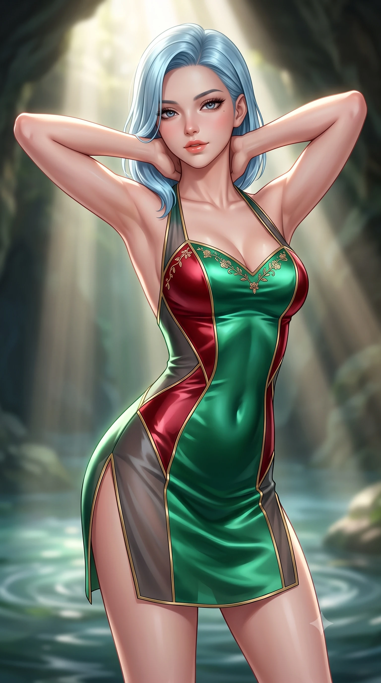 score_9, masterpiece, best quality, ultra-detailed, high-budget anime keyframe, semi-realistic 3D game render, editorial fashion photography, tasteful artistic composition, Korean woman. close-up cowboy shot from the waist and thighs up, the character dominates the composition, filling the frame with her large presence. resting both hands lightly behind her neck with elbows raised, arching her spine to highlight her narrow waist, flat midriff, and breathtaking collarbones while twisting her slender torso in an alluring S-curve, dramatic shafts of morning light illuminating her sculpted flat midriff and curvy hips. The background shows a soft-focus natural spring pool ripples softened in secret enchanted grotto shallow focus. She has an exceptionally elegant, slender, and willowy female figure with an ultra-slim waist, flat toned midriff, narrow ribcage, and sculpted feminine hips creating an alluring, slim hourglass silhouette without bulk. sharp v-shaped jawline, high-bridge nose, sparkling eyes with hypnotic seductive depth, thick curled eyelashes, glossy parted lips with a natural dewy peach sheen, alluring bedroom-eyes with an enchanting coquettish smile, exuding magnetic siren charisma and sophisticated glamour, flawlessly proportioned anatomical accuracy, strict slender model proportions, natural body alignment, perfectly sculpted long slender limbs, ultra-slim waistline, clean dynamic posture without body distortion. wearing a slinky backless halterneck column mini dress in shimmering liquid emerald satin with deep side leg slits in rich cherry lacquer and smoky charcoal with gold piping, made of sheer gossamer chiffon that drapes softly against skin with airy translucence, finished with delicate floral vine embroidery tracing along her sweetheart neckline with intimate elegance, the second-skin tailored fabric adhering flawlessly to her sculpted flat midriff and slender torso, emphasizing her long leg lines and perfectly proportioned willowy build. bathed in dramatic angled shafts of pure morning sunlight (god rays) penetrating the sunken cavern opening. highly saturated vibrant anime colors, detailed shading with soft gradients, rich glossy textures, high-contrast stereoscopic depth, volumetric dynamic lighting, master piece, 9:16 ratio