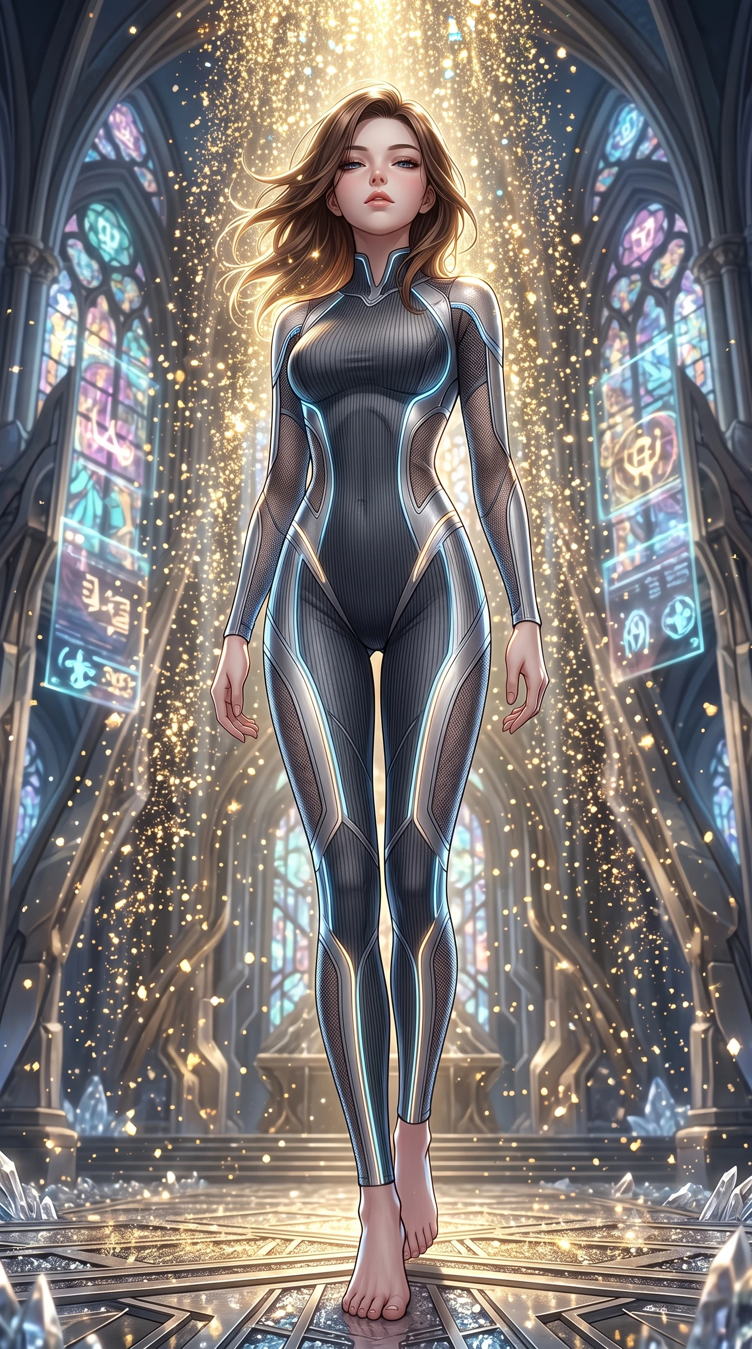 score_9, masterpiece, best quality, ultra-detailed, High-budget Anime Keyframe, East Asian woman. Low angle cowboy shot filling the entire 9:16 frame with her statuesque presence. Scenario 334: showering under a cascade of glittering gold stardust inside a futuristic cathedral with holographic stained-glass windows. Her presence is magnetic and overpowering in this high-budget anime scene. Outfit 334: a slim-fit ribbed bodycon knit second with a sheer panels and glowing LED seams. The clothing is designed to emphasize her exceptionally tall and slender 8-heads proportion. 8-heads proportion, towering silhouette, ultra-slim waist. sharp v-shaped jawline, intricate jewel-like eyes with depth, thick eyelashes, glossy lips. 2k, ultra detail, master piece, 9:16 ratio