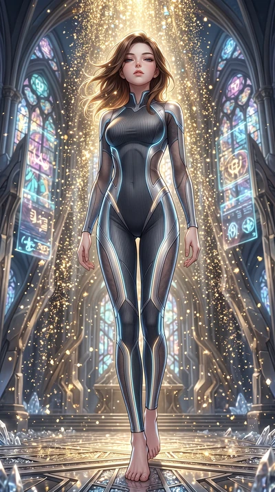 score_9, masterpiece, best quality, ultra-detailed, High-budget Anime Keyframe, East Asian woman. Low angle cowboy shot filling the entire 9:16 frame with her statuesque presence. Scenario 334: showering under a cascade of glittering gold stardust in