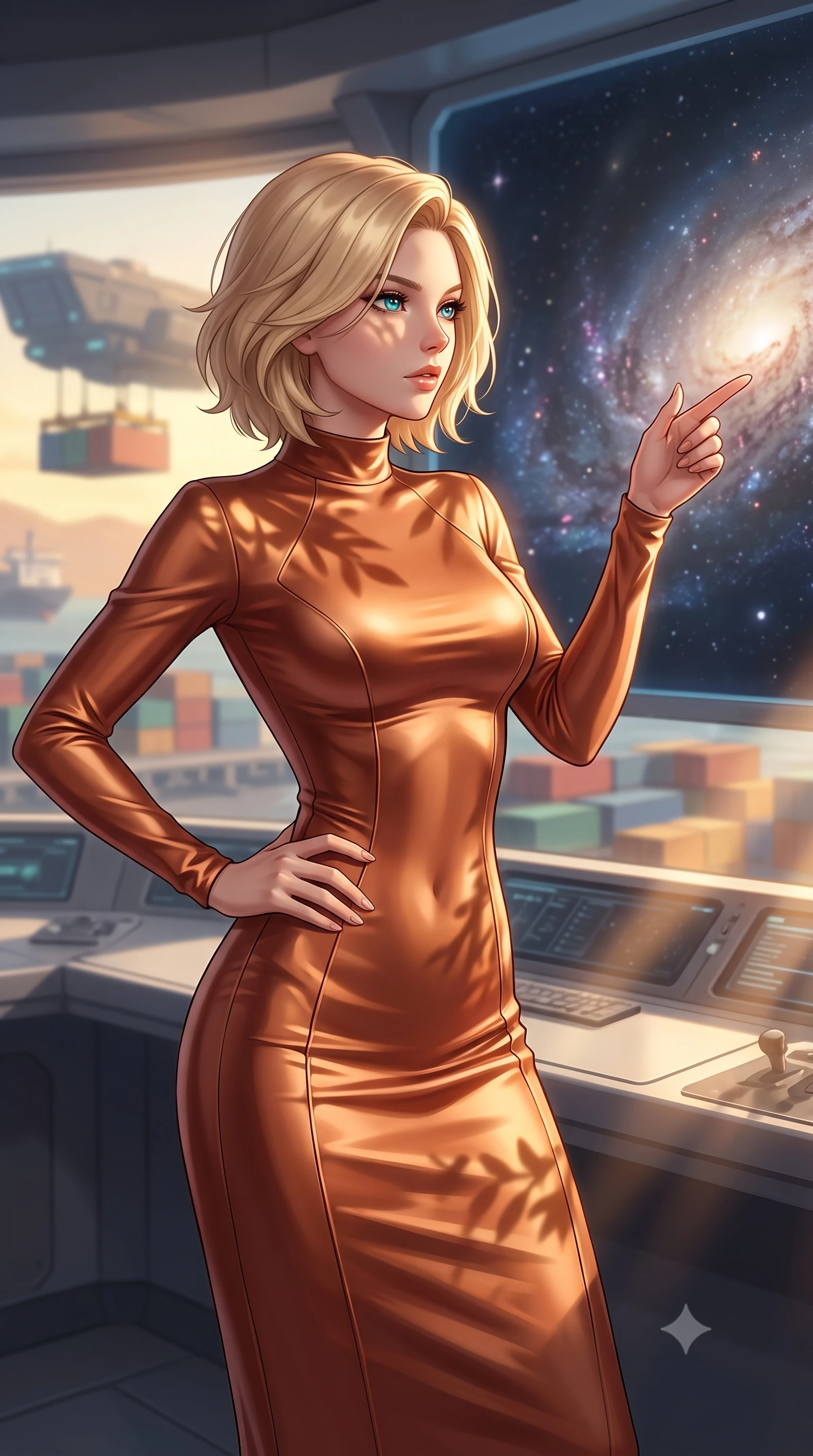 score_9, masterpiece, best quality, ultra-detailed, high-budget anime keyframe, editorial fashion photography, tasteful artistic composition, Caucasian woman, strictly human ears. close-up cowboy shot from the waist and thighs up, the character dominates the composition, filling the frame with her large presence, background elements kept in soft focus. Commanding the starship crew with a decisive gesture, pointing toward the galactic viewscreen. set against a soft-focus background of a crane control deck overlooking a container port, massive hover-ships loading cargo in the background. She has an exceptionally elegant and slender, willowy female figure with an ultra-slim waist, a gracefully sculpted slender torso, and a refined slim physique. sharp v-shaped jawline, high-bridge nose, intricate jewel-like eyes with depth, thick eyelashes, glossy lips with a natural sheen. wearing tailored for maximum mobility, sleek form-contouring panels that allow fluid movement, a tailored form-fitting mock-neck midi dress in liquid copper silk, highlighting her slender build and elegant proportions. highly saturated vibrant anime colors, intense vivid color palette, soft 3D volumetric shading, volumetric dynamic lighting, warm golden afternoon sunbeams casting soft organic leaf shadows across her skin. 2k, ultra detail, master piece, 9:16 ratio