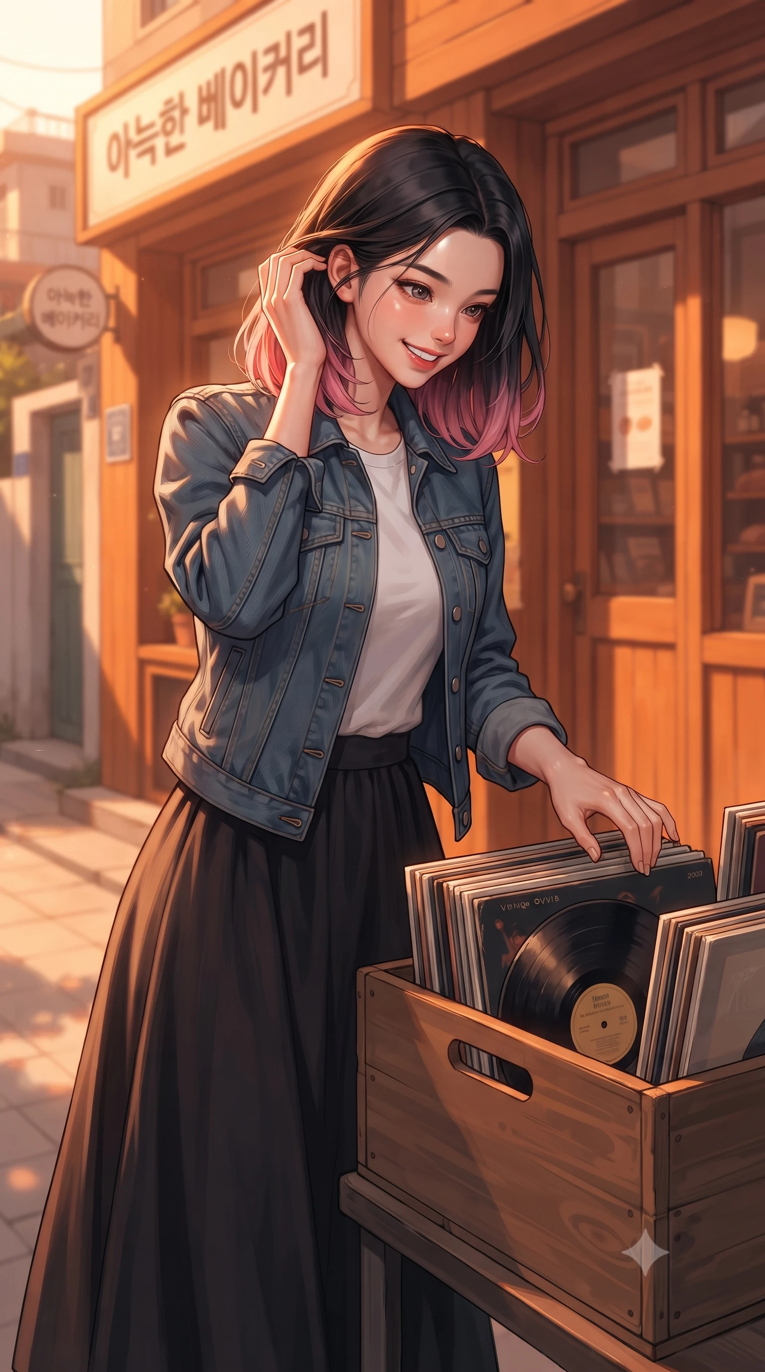 score_9, masterpiece, best quality, ultra-detailed, high-budget anime keyframe, editorial fashion photography, tasteful artistic composition, Korean woman. close-up cowboy shot from the waist and thighs up, the character dominates the composition, filling the frame with her large presence, background elements kept in soft focus. flashing an intoxicating, sunny grin while brushing a strand of hair away from her face set against a soft-focus background of in front of a cozy bakery shop in a quiet residential alley browsing through a box of vintage vinyl records with a happy smile. She has an exceptionally elegant, slender, and willowy female figure with an ultra-slim waist, a gracefully sculpted slender torso, and a refined silhouette. sharp v-shaped jawline, high-bridge nose, intricate jewel-like eyes with depth, thick eyelashes, glossy lips with a natural sheen. wearing form-contouring casual denim jacket worn over a simple white tee and a long cotton skirt. cozy golden hour sunset light painting the wooden shopfronts in orange. ultra-reflective glossy finish, specular highlights, metallic sheen, high-contrast stereoscopic depth, volumetric dynamic lighting, 2k, ultra detail, master piece, 9:16 ratio