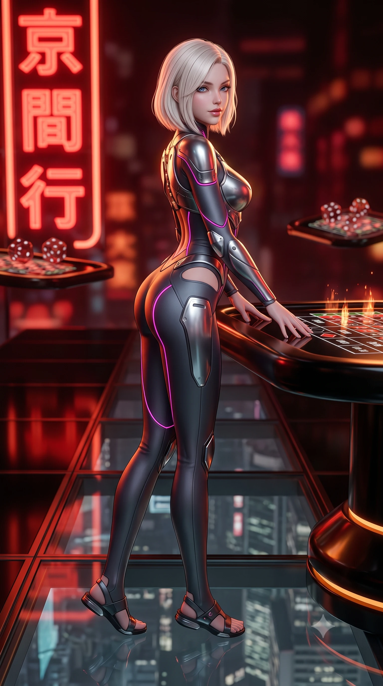 score_9, masterpiece, best quality, ultra-detailed, high-budget anime keyframe, semi-realistic 3D game render, editorial fashion photography, tasteful artistic composition, Caucasian woman. low angle full-body shot from head to toe showing her feet, filling the entire 9:16 vertical frame with her statuesque presence, stretching her vertical silhouette. walking slowly along the transparent glass skybridge, looking back over her shoulder with an air of effortless grace and an alluring, smoldering smile while leaning over the glossy black hologram roulette table with hips cocked back, arching her spine with dangerous seductive glamour. The background shows a soft-focus massive vertical red neon kanji signs and floating holographic dice tables blurred into deep scarlet, vermilion, and obsidian bokeh. She has an absolutely perfect, statuesque 8.5-heads proportion, an exceptionally tall and slender model-like female figure with impossibly long slender legs, an ultra-slim waist, a flat toned midriff, narrow delicate ribcage, and beautifully sculpted feminine hips creating a graceful, slim hourglass silhouette without any bulky heaviness. sharp v-shaped jawline, high-bridge nose, intricate jewel-like sparkling eyes with depth, thick eyelashes, glossy parted lips with a natural sheen, bright confident smile with an enchanting and coquettish sensual glint, exuding both youthful magnetic charm and sovereign high-tech allure, flawlessly proportioned anatomical accuracy, strict slender model proportions, natural body alignment, perfectly sculpted long slender limbs, ultra-slim waistline, clean dynamic posture without body distortion. wearing a sculpted titanium-alloy breastplate bodice worn over an ultra-tight matte stretch bodysuit with side hip cutouts in deep titanium gunmetal and radiant magenta neon, tailored from ultra-reflective glossy liquid vinyl with mirror-like specular highlights, accented with strategically placed chrome armor plate guards covering key curves, the high-waisted tailoring accentuating her ultra-slim waistline and the enchanting curve of her feminine hips with alluring dark charm. bathed in intense crimson and deep amber low-key neon accent lighting. highly saturated vibrant anime colors, detailed shading with soft gradients, rich glossy textures, high-contrast stereoscopic depth, volumetric dynamic lighting, master piece, 9:16 ratio
