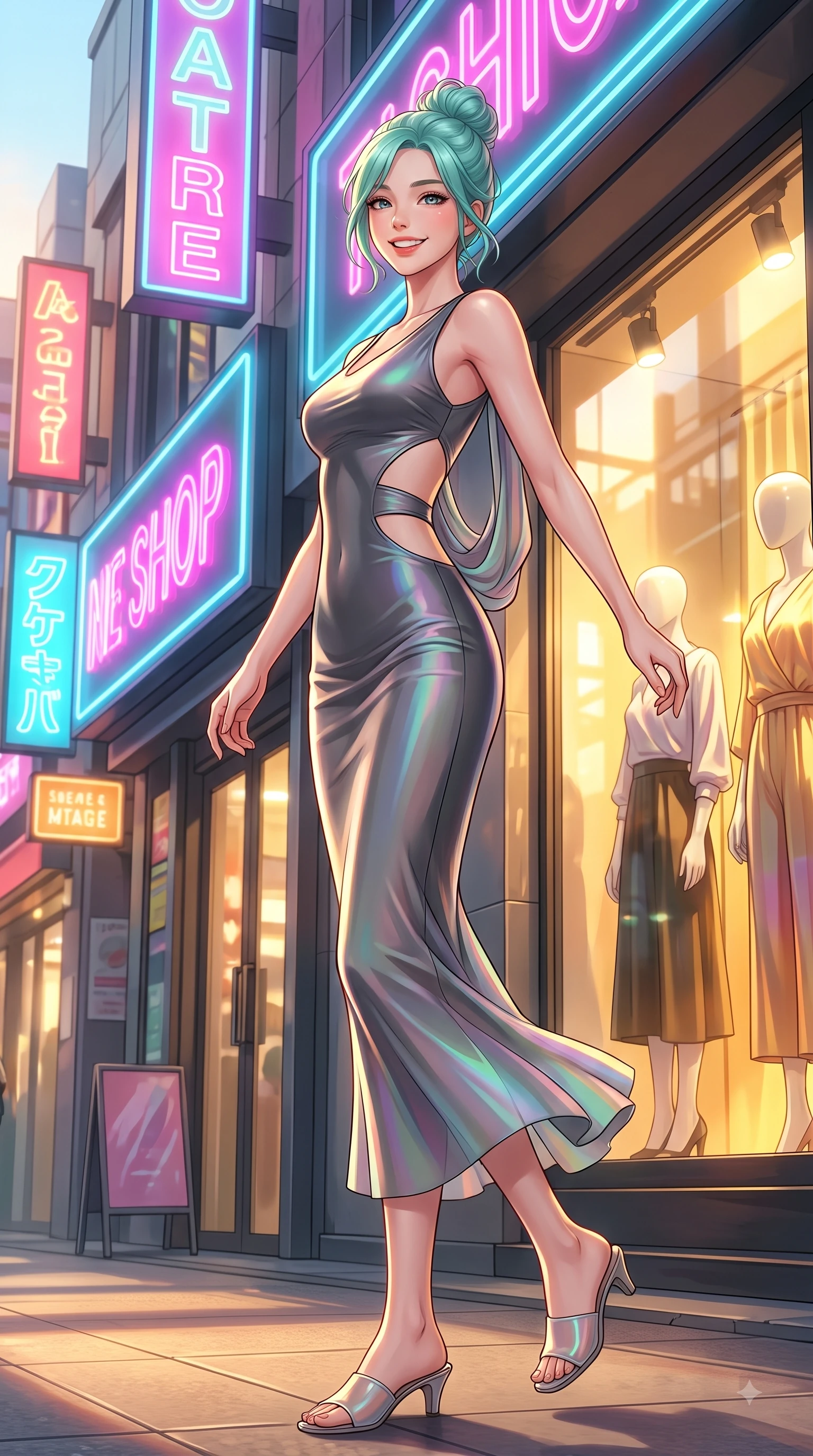 score_9, masterpiece, best quality, ultra-detailed, high-budget anime keyframe, editorial fashion photography, tasteful artistic composition, Japanese woman. low angle full-body shot from head to toe showing her feet, filling the entire 9:16 vertical frame with her statuesque presence, stretching her vertical silhouette. performing a cheerful mid-air rotation with flawless poise, her radiant smile capturing fresh college girlhood energy while pivoting in a stylish stride under neon shop signs as urban sunbeams illuminate her cute smile, trendy fashion window displays reflecting golden afternoon sunlight vividly. She has an absolutely perfect, statuesque 8.5-heads proportion, an exceptionally tall and slender model-like female figure with impossibly long slender legs and an ultra-slim waist. sharp v-shaped jawline, high-bridge nose, intricate jewel-like eyes with depth, thick eyelashes, glossy lips with a natural sheen, flawlessly proportioned anatomical accuracy, natural body alignment, perfectly sculpted elegant limbs, clean dynamic posture without body distortion. wearing a precision-fitted liquid jersey bodycon dress with a graceful draped back in charcoal grey and platinum, crafted from iridescent chiffon that shifts colors in the light, featuring clean architectural cutouts along her slender torso, the glove-like fit emphasizing her statuesque silhouette during motion. illuminated by vibrant neon shop signs and crisp clear afternoon key light. highly saturated vibrant anime colors, detailed shading with soft gradients, rich glossy textures, high-contrast stereoscopic depth, volumetric dynamic lighting, master piece, 9:16 ratio