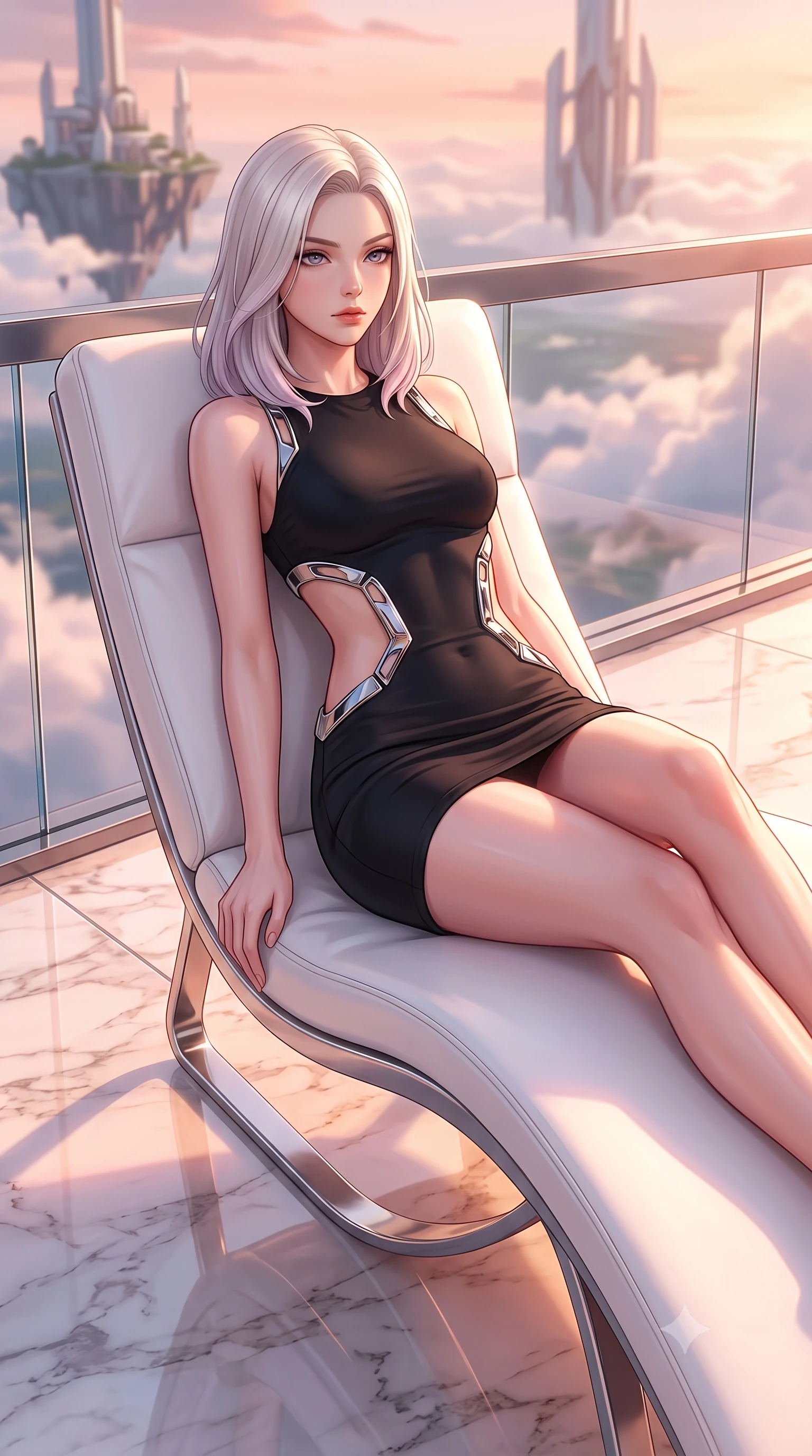 score_9, masterpiece, best quality, ultra-detailed, high-budget anime keyframe, editorial fashion photography, tasteful artistic composition, Caucasian woman. close-up cowboy shot from the waist and thighs up, the character dominates the composition, filling the frame with her large presence, background elements kept in soft focus. Gazing past the camera with an air of effortless elegance and mysterious confidence resting on a luxurious white lounge chair overlooking a floating sky island, soft rose-gold and amber sunset light reflecting off polished marble. She has an exceptionally elegant, slender, and willowy female figure with an ultra-slim waist, a gracefully sculpted slender torso, and a refined silhouette. sharp v-shaped jawline, high-bridge nose, intricate jewel-like eyes with depth, thick eyelashes, glossy lips with a natural sheen. wearing a dramatic open-waist cutout mini dress in matte black framed by sculptural chrome hardware, the sleek second-skin texture accentuating her magnetic presence. surrounded by a bright, luxurious aura of warm sunshine and sky reflections. highly saturated vibrant anime colors, detailed shading with soft gradients, rich glossy textures, high-contrast stereoscopic depth, volumetric dynamic lighting, master piece, 9:16 ratio