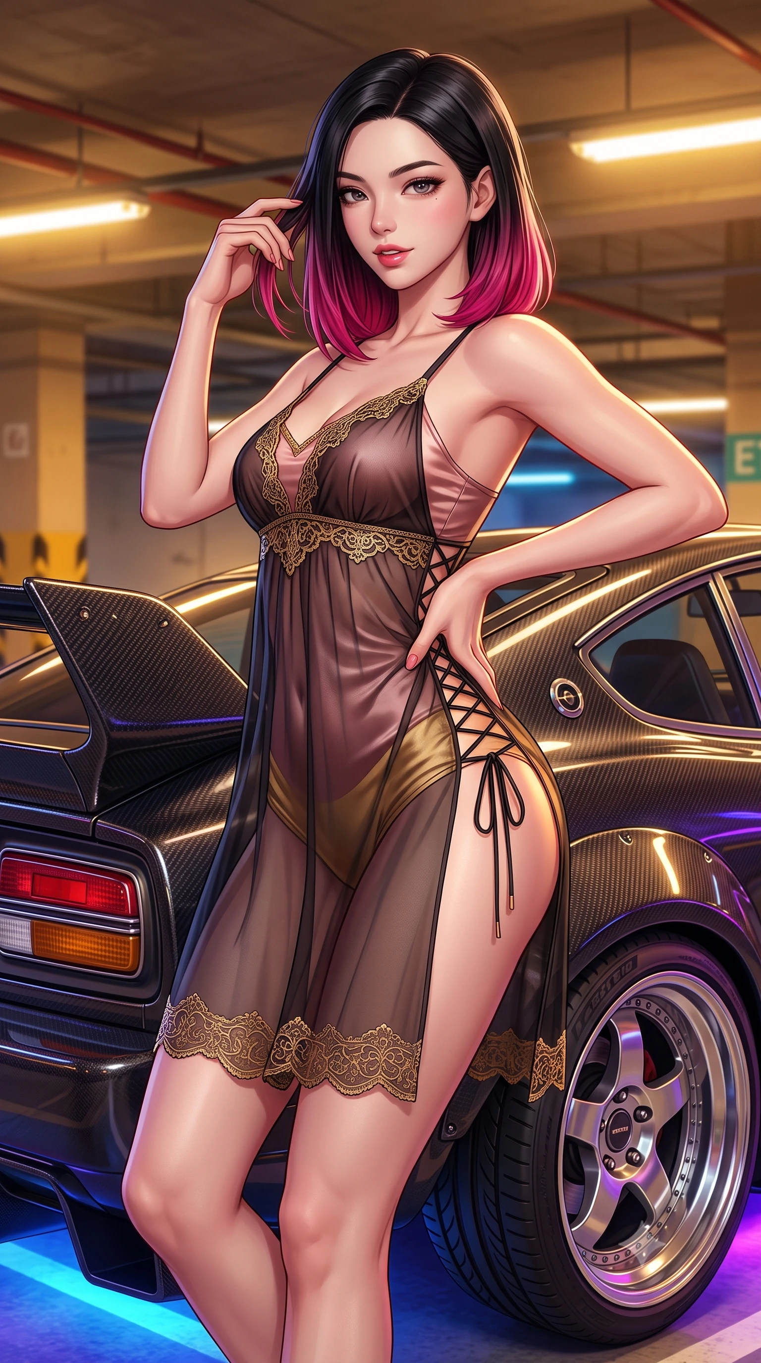 score_9, masterpiece, best quality, ultra-detailed, high-budget anime keyframe, semi-realistic 3D game render, editorial fashion photography, tasteful artistic composition, Korean woman. close-up cowboy shot from the waist and thighs up, the character dominates the composition, filling the frame with her large presence. twisting her slender torso in an alluring contrapposto stance, one hand resting on her sculpted hip while her fingers toy with her hair with effortless poise while leaning against the sleek rear spoiler of a customized vintage sports car with hips cocked back, casting a daring bedroom-gaze. The surrounding environment is rendered in vivid detail and crisp panoramic clarity: sharp carbon-fiber aerodynamic wing weave, multi-piece alloy wheel rims, and tire tread grooves in deep focus. She has an exceptionally elegant, slender, and willowy female figure with an ultra-slim waist, flat toned midriff, narrow ribcage, and sculpted feminine hips creating an alluring, slim hourglass silhouette without bulk. sharp v-shaped jawline, high-bridge nose, sparkling eyes with hypnotic seductive depth, thick curled eyelashes, glossy parted lips with a natural dewy peach sheen, alluring bedroom-eyes with an enchanting coquettish smile, exuding magnetic siren charisma and sophisticated glamour, flawlessly proportioned anatomical accuracy, strict slender model proportions, natural body alignment, perfectly sculpted long slender limbs, ultra-slim waistline, clean dynamic posture without body distortion. wearing a sheer black gauze norigae slip dress worn over a liquid satin undergarment, hugging her flat midriff and hourglass curves in dusky blush rose and antique gold trims, made of sheer gossamer chiffon that drapes softly against skin with airy translucence, featuring fine criss-cross lace-up side ties revealing tantalizing glimpses of her hip curve, the second-skin tailored fabric adhering flawlessly to her sculpted flat midriff and slender torso, emphasizing her long leg lines and perfectly proportioned willowy build. bathed in warm industrial sodium-vapor parking floodlights mixed with vibrant car neon underglow. highly saturated vibrant anime colors, detailed shading with soft gradients, rich glossy textures, high-contrast stereoscopic depth, volumetric dynamic lighting, master piece, 9:16 ratio