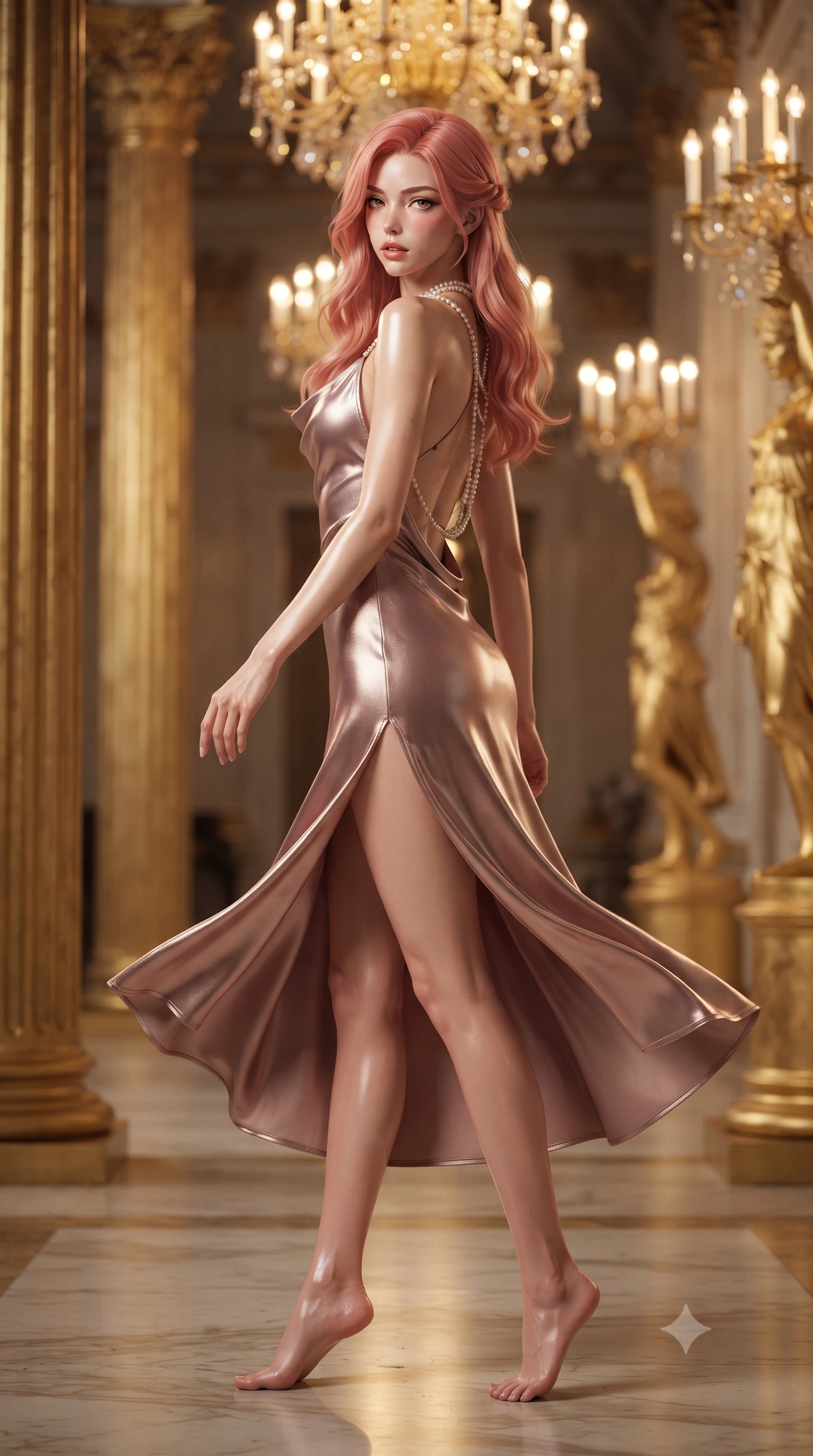 score_9, masterpiece, best quality, ultra-detailed, high-budget anime keyframe, editorial fashion photography, tasteful artistic composition, Japanese woman. low angle full-body shot from head to toe showing her feet, filling the entire 9:16 vertical frame with her statuesque presence, stretching her vertical silhouette. executing an elegant mid-motion pivot turn as garments swirl around her slender limbs, glancing over her shoulder with an intoxicating bedroom-gaze while standing poised between towering gilded Corinthian columns, twisting her slender torso in an alluring S-curve under cascading crystal chandelier light. The composition keeps background elements in soft focus with creamy bokeh. distant opera loggias and monumental gilded statues softened in opulent Parisian shallow focus. She has an exceptionally tall and slender model-like 8.5-heads proportion, an ultra-slim waist, a flat toned midriff, narrow delicate ribcage, and beautifully sculpted feminine hips creating a graceful, slim hourglass silhouette without any bulky heaviness, with impossibly long slender legs. sharp v-shaped jawline, high-bridge nose, intricate jewel-like eyes with depth, thick eyelashes, glossy parted lips with a natural sheen, intensely captivating and seductive bedroom-eyes expression, flawlessly proportioned anatomical accuracy, strict slender model proportions, natural body alignment, perfectly sculpted long slender limbs, ultra-slim waistline, clean dynamic posture without body distortion. wearing a backless cowl-neck satin slip dress featuring high-cut side hip slits and delicate criss-cross back straps in dusky blush rose and champagne shimmer, crafted from luxurious metallic lamé that shifts radiance with every step, accented with a multi-strand pearl back necklace cascading down her bare spine to her hips, the glove-like aerodynamic silhouette tightly following the natural contour of her hips and long slender legs with statuesque 8.5-heads elegance. bathed in opulent golden crystal chandelier downlights contrasting with warm velvet bounce fill. ultra-reflective glossy finish, specular highlights, rich textural contrasts, high-contrast stereoscopic depth, volumetric dynamic lighting, 2k, ultra detail, master piece, 9:16 ratio