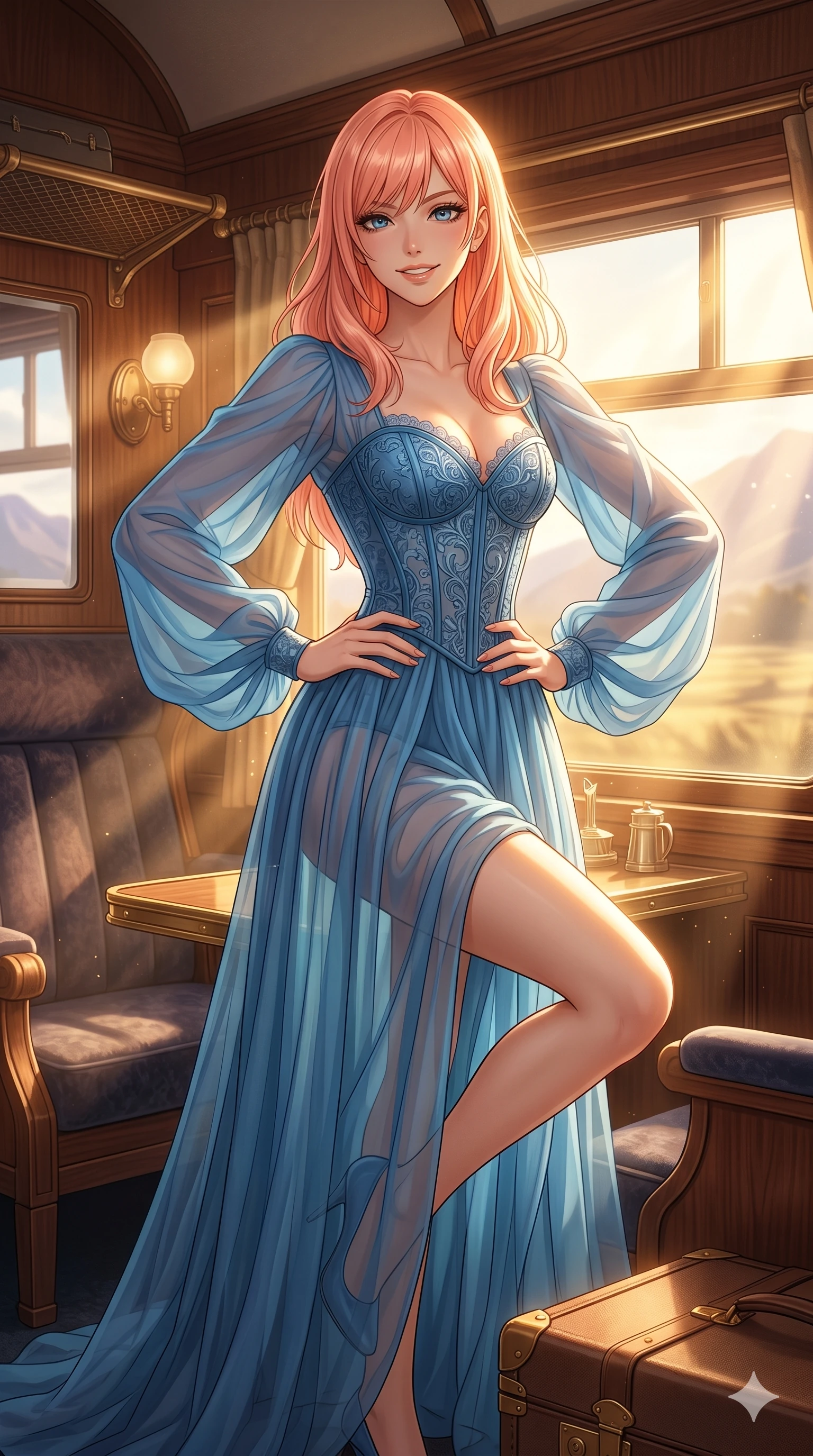 score_9, masterpiece, best quality, ultra-detailed, high-budget anime keyframe, editorial fashion photography, tasteful artistic composition, Japanese woman. cowboy shot from the thighs up, character and outfit filling the frame for maximum editorial presence. posing with quiet self-assurance, looking directly into the lens with a confident grin inside a luxury train cabin (Code-P17-178). She has an absolutely perfect 8-heads proportion, an exceptionally tall and slender female figure with impossibly long slender legs and an ultra-slim waist. V-shaped jawline, high-bridge nose, intricate jewel-like eyes with depth, thick eyelashes, glossy lips with a natural sheen. wearing a sheer chiffon dress with a blue corset bodice. bathed in warm golden afternoon sunbeams, casting a warm glowing aura on her. 2k, ultra detail, master piece, 9:16 ratio