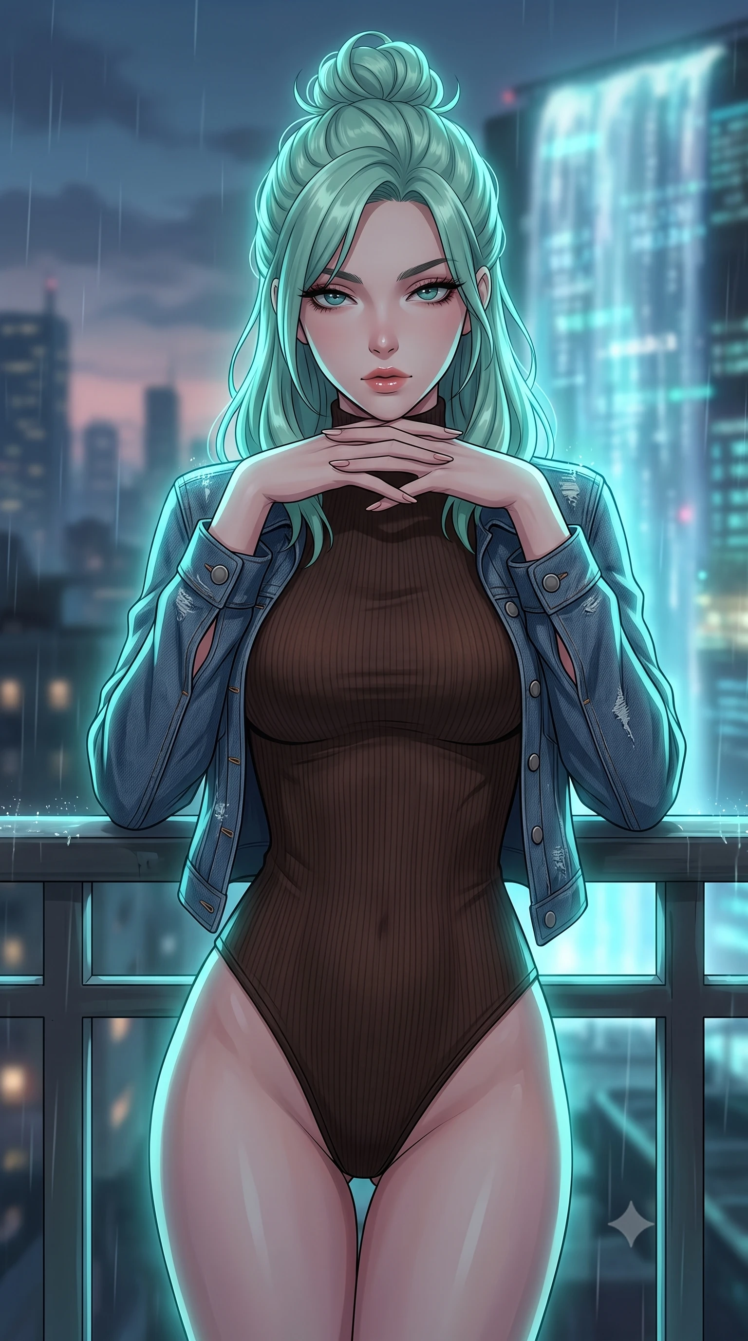 score_9, masterpiece, best quality, ultra-detailed, high-budget anime keyframe, tasteful artistic composition, Japanese woman. close-up cowboy shot from the waist and thighs up, the character dominates the composition, filling the frame with her large presence, background elements kept in soft focus. resting her chin on the backs of her fingers, casting a heavy-lidded, sultry look past the camera the background shows a soft-focus a rain-swept bridge overlook facing a massive holographic waterfall advertisement. She has an exceptionally elegant, slender, and willowy female figure with an ultra-slim waist, a gracefully sculpted slender torso, and a refined silhouette. sharp v-shaped jawline, high-bridge nose, intricate jewel-like eyes with depth, thick eyelashes, glossy lips with a natural sheen. wearing a tailored form-contouring high-neck bodysuit in dark brown, worn under a tailored open denim jacket. shimmering turquoise light wrapping her silhouette in a cool glowing wash. highly saturated vibrant anime colors, cel-shading, 2d style, master piece, 9:16 ratio