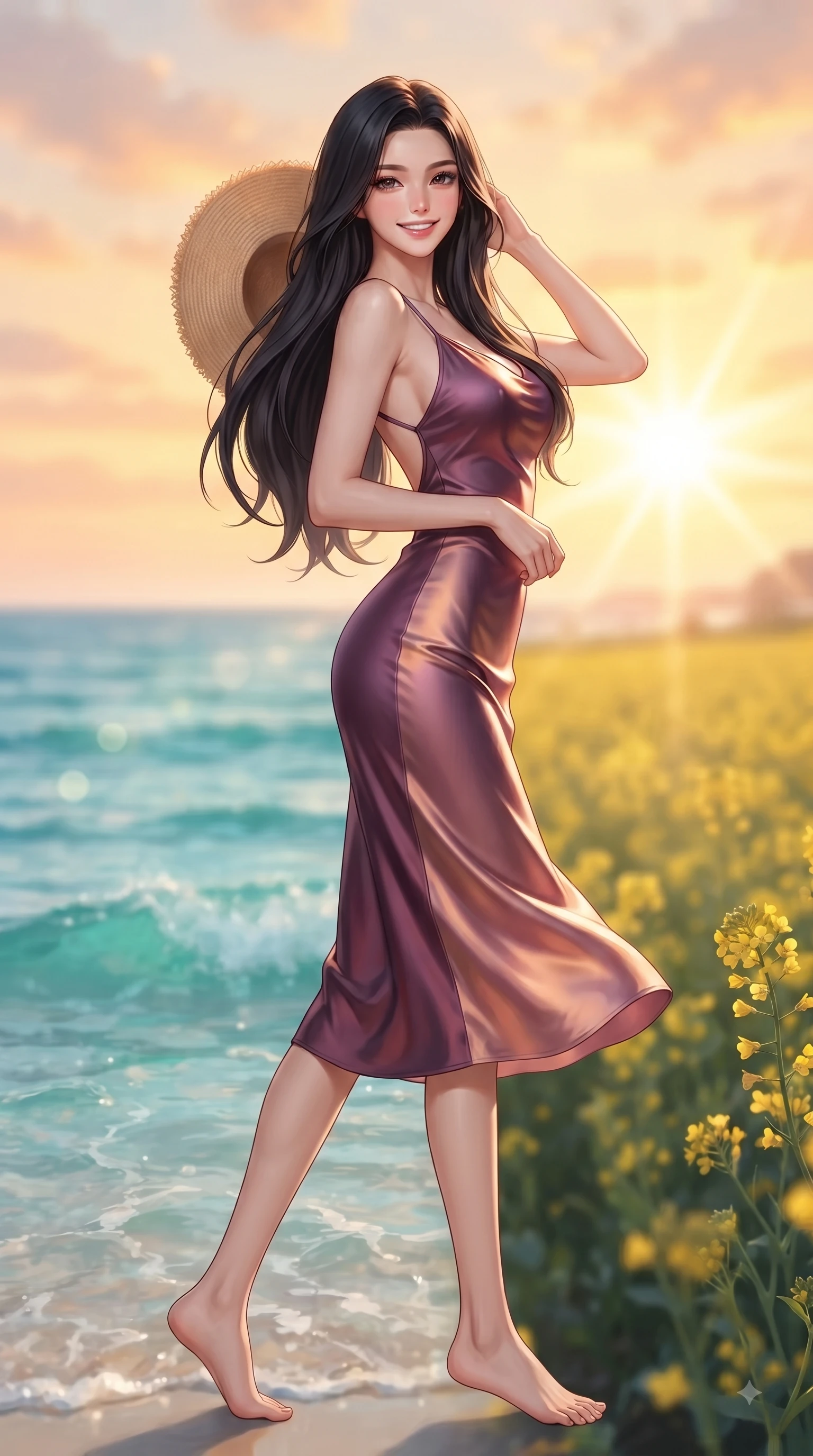 score_9, masterpiece, best quality, ultra-detailed, high-budget anime keyframe, editorial fashion photography, tasteful artistic composition, Korean woman. low angle full-body shot from head to toe showing her feet, filling the entire 9:16 vertical frame with her statuesque presence, stretching her vertical silhouette. pivoting dynamically with a fresh infectious smile, her ultra-slim waist creating a sweeping fluid curve while holding her straw hat lightly against the fresh sea breeze while smiling at the camera. The composition keeps background elements in soft focus with dreamy bokeh. crystal-clear turquoise sea waves and yellow canola fields blurred into dreamy ocean bokeh. She has an absolutely perfect, statuesque 8.5-heads proportion, an exceptionally tall and slender model-like female figure with impossibly long slender legs and an ultra-slim waist. sharp v-shaped jawline, high-bridge nose, intricate jewel-like eyes with depth, thick eyelashes, glossy lips with a natural sheen, flawlessly proportioned anatomical accuracy, natural body alignment, perfectly sculpted elegant limbs, clean dynamic posture without body distortion. wearing a precision-fitted liquid satin slip dress with fluid draped lines and an open back in rich plum purple and rose gold, crafted from smooth liquid silk satin, accented with a Tasteful chest slit framing her clavicle gracefully, the sleek second-skin texture accentuating her magnetic presence. illuminated by a glorious golden hour sunburst painting the sky in joyful amber and peach. ultra-reflective glossy finish, specular highlights, metallic sheen, high-contrast stereoscopic depth, volumetric dynamic lighting, 2k, ultra detail, master piece, 9:16 ratio
