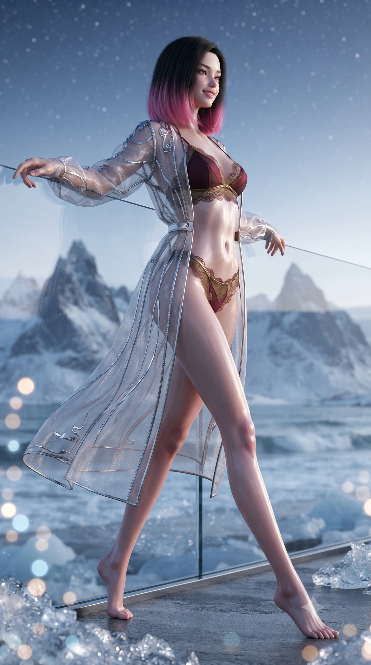 score_9, masterpiece, best quality, ultra-detailed, high-budget anime keyframe, editorial fashion photography, tasteful artistic composition, Korean woman. low angle full-body shot from head to toe showing her feet, filling the entire 9:16 vertical frame with her statuesque presence, stretching her vertical silhouette. stepping forward in a confident stride, her long slender legs and curvaceous hips creating a dynamic, sweeping vertical line while leaning against the glass windbreak panel with hips cocked back, looking out over rolling Arctic surf with heavy-lidded bedroom-eyes. The background shows a soft-focus dramatic razor-sharp peaks of Senja Island rising from icy ocean waters, glittering beach ice crystals, and starry sky blurred into diamond, sapphire, and topaz bokeh. She has an exceptionally tall and slender model-like 8.5-heads proportion, an ultra-slim waist, a flat toned midriff, narrow delicate ribcage, and beautifully sculpted feminine hips creating a graceful, slim hourglass silhouette without any bulky heaviness, with impossibly long slender legs. sharp v-shaped jawline, high-bridge nose, intricate jewel-like sparkling eyes with depth, thick eyelashes, glossy parted lips with a natural peach sheen, bright cheerful beaming smile with an enchanting and coquettish sensual glint, exuding both youthful cute charm and seductive allure, flawlessly proportioned anatomical accuracy, strict slender model proportions, natural body alignment, perfectly sculpted long slender limbs, ultra-slim waistline, clean dynamic posture without body distortion. wearing a delicate sheer organza futuristic caftan with metallic chrome accents worn open over a micro liquid-metal bralette in French boudoir bordeaux wine and antique brass, made of sheer gossamer chiffon that drapes softly against skin with airy translucence, finished with scalloped eyelash lace trim framing her sweetheart neckline with intimate elegance, the glove-like clinging cut tightly following the natural contour of her hips and long slender legs with youthful 8.5-heads elegance. illuminated by dark sand reflection bounce and sharp copper-gold rim lights sculpting her jawline, narrow waist, and curvy hips. ultra-reflective glossy finish, specular highlights, rich textural contrasts, high-contrast stereoscopic depth, volumetric dynamic lighting, 2k, ultra detail, master piece, 9:16 ratio