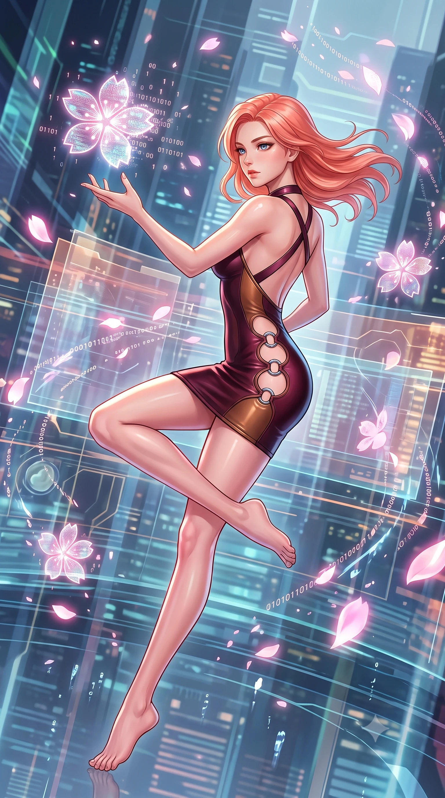 score_9, masterpiece, best quality, ultra-detailed, high-budget anime keyframe, editorial fashion photography, tasteful artistic composition, Japanese woman. low angle full-body shot from head to toe showing her feet, filling the entire 9:16 vertical frame with her statuesque presence, stretching her vertical silhouette. performing an athletic mid-air rotation with flawless poise, her vertical silhouette beautifully stretched while reaching forward with one hand to catch a glowing holographic sakura petal, digital sakura petals flickering into binary code sparks as they float by. She has an absolutely perfect, statuesque 8.5-heads proportion, an exceptionally tall and slender model-like female figure with impossibly long slender legs and an ultra-slim waist. sharp v-shaped jawline, high-bridge nose, intricate jewel-like eyes with depth, thick eyelashes, glossy lips with a natural sheen, flawlessly proportioned anatomical accuracy, natural body alignment, perfectly sculpted elegant limbs, clean dynamic posture without body distortion. wearing a deep-scoop halter bodycon dress with hip cutouts connected by silver rings in deep burgundy and bronze, formed from sleek second-skin neoprene, complemented by criss-cross back straps highlighting her bare shoulders, the sleek second-skin texture accentuating her magnetic presence. illuminated by glowing holographic sakura radiance and wet specular reflections. highly saturated vibrant anime colors, detailed shading with soft gradients, rich glossy textures, high-contrast stereoscopic depth, volumetric dynamic lighting, master piece, 9:16 ratio
