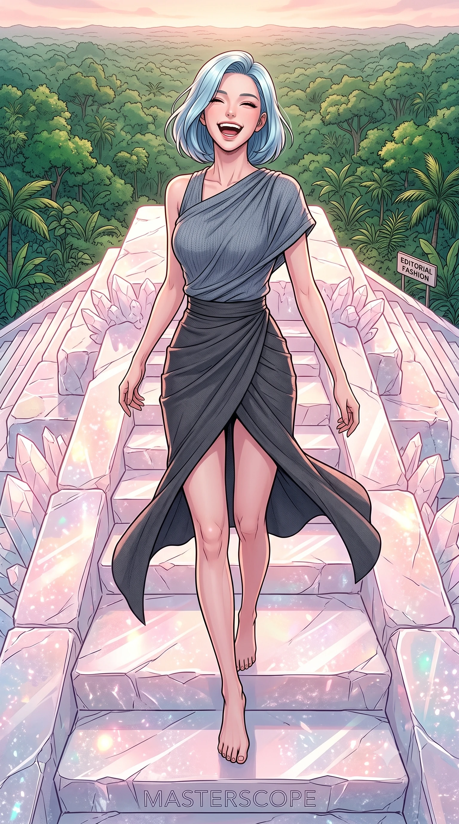 score_9, masterpiece, best quality, ultra-detailed, high-budget anime keyframe, editorial fashion photography, tasteful artistic composition, gorgeous anime illustration, with clean line-art, distinct ink outlines, and high-contrast stereoscopic depth, Korean woman. low angle full-body shot from head to toe showing her feet, filling the entire 9:16 vertical frame with her statuesque presence, stretching her vertical silhouette. twirling with a bright, delighted laugh inside atop a Mayan step pyramid made entirely of raw white quartz crystal in the heart of the Yucatan jungle, reflecting the sunrise over the emerald canopy. She has a statuesque 8.5-heads proportion, an exceptionally tall, slender and willowy model-like build with impossibly long legs and a highly sculpted ultra-slim waist. sharp v-shaped jawline, high-bridge nose, intricate jewel-like eyes with depth, thick eyelashes, glossy lips with a natural sheen. wearing an asymmetric draped knit top in slate grey, paired with a matching high-waisted charcoal wrap skirt wrapping her hips. soft warm rose-gold dawn light reflecting off the crystal surfaces, creating a shimmering pastel glow across the structure. 2k, ultra detail, master piece, 9:16 ratio, highly saturated vibrant anime colors, detailed cel-shading with soft gradients, rich glossy textures, deep contrast, volumetric dynamic lighting, 2d animation style