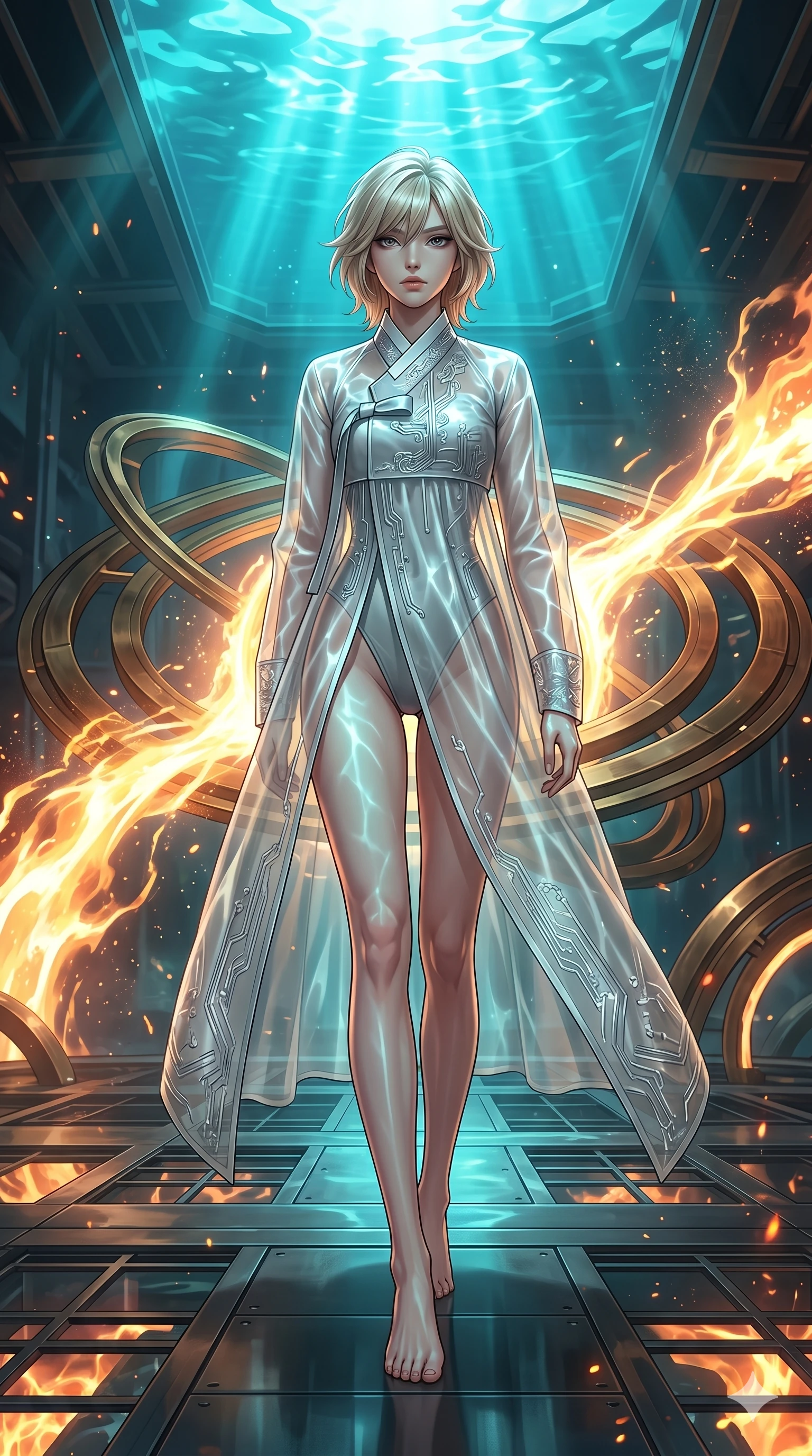 score_9, masterpiece, best quality, ultra-detailed, high-budget anime keyframe, editorial fashion photography, tasteful artistic composition, Japanese woman. low angle full-body shot from head to toe showing her feet, filling the entire 9:16 vertical frame with her statuesque presence, stretching her vertical silhouette. Walking forward with a slow, measured stride, her gaze fixed directly on the horizon inside a stellar forge where streams of liquid solar plasma flow around floating brass rings. She has an absolutely perfect 8-heads proportion, an exceptionally tall and slender female figure with impossibly long slender legs and an ultra-slim waist. V-shaped jawline, high-bridge nose, intricate jewel-like eyes with depth, thick eyelashes, glossy lips with a natural sheen. wearing a high-neck modern fusion hanbok dress in translucent silver organza with a high-cut undersuit. drenched in brilliant turquoise volumetric light filtering through water, casting caustic patterns. 2k, ultra detail, master piece, 9:16 ratio