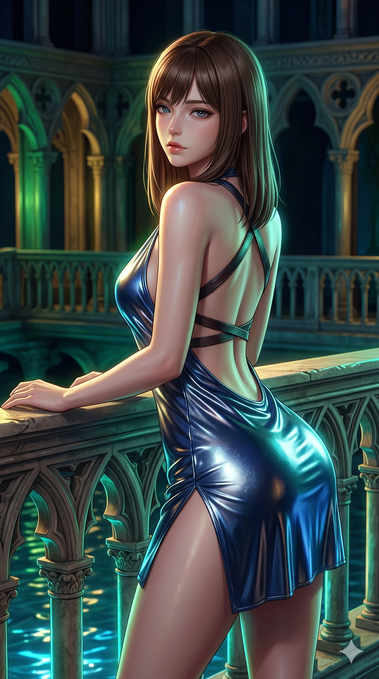 score_9, masterpiece, best quality, ultra-detailed, high-budget anime keyframe, semi-realistic 3D game render, editorial fashion photography, tasteful artistic composition, Korean woman. close-up cowboy shot from the waist and thighs up, the character dominates the composition, filling the frame with her large presence. leaning forward over the carved stone gothic balustrade, looking back with sleepy seductive bedroom-eyes as water reflections dance across her silhouette while twisting her slender torso in an alluring contrapposto stance, translucent jade backlight and neon reflections tracing her flat midriff and hourglass curves. The surrounding environment is rendered in vivid detail and crisp panoramic clarity: intricate second-skin silk dress tailoring, jeweled clasp hardware, and luxury Oriental modern interior design in razor-sharp precision. She has an exceptionally elegant, slender, and willowy female figure with an ultra-slim waist, flat toned midriff, narrow ribcage, and sculpted feminine hips creating an alluring, slim hourglass silhouette without bulk. sharp v-shaped jawline, high-bridge nose, intricate jewel-like sparkling eyes with depth, thick eyelashes, glossy parted lips with a natural sheen, intensely captivating and seductive bedroom-eyes expression, exuding both youthful cute charm and sovereign luxury allure, flawlessly proportioned anatomical accuracy, strict slender model proportions, natural body alignment, perfectly sculpted long slender limbs, ultra-slim waistline, clean dynamic posture without body distortion. wearing an alluring backless metallic lamé halterneck mini dress with deep scoop back down to her lower spine and thigh-high slit in midnight sapphire blue and liquid platinum, made of fluid liquid jersey with seamless sculpting hold and smooth contours, featuring an open-back criss-cross harness strap in dark leather, the bespoke structured tailoring following the natural line of her 8.5-heads silhouette with refined elegance. illuminated by bar surface bounce and sharp emerald-gold rim lights sculpting her razor-sharp jawline, narrow waist, and curvy hips. highly saturated vibrant anime colors, detailed shading with soft gradients, rich glossy textures, high-contrast stereoscopic depth, volumetric dynamic lighting, master piece, 9:16 ratio