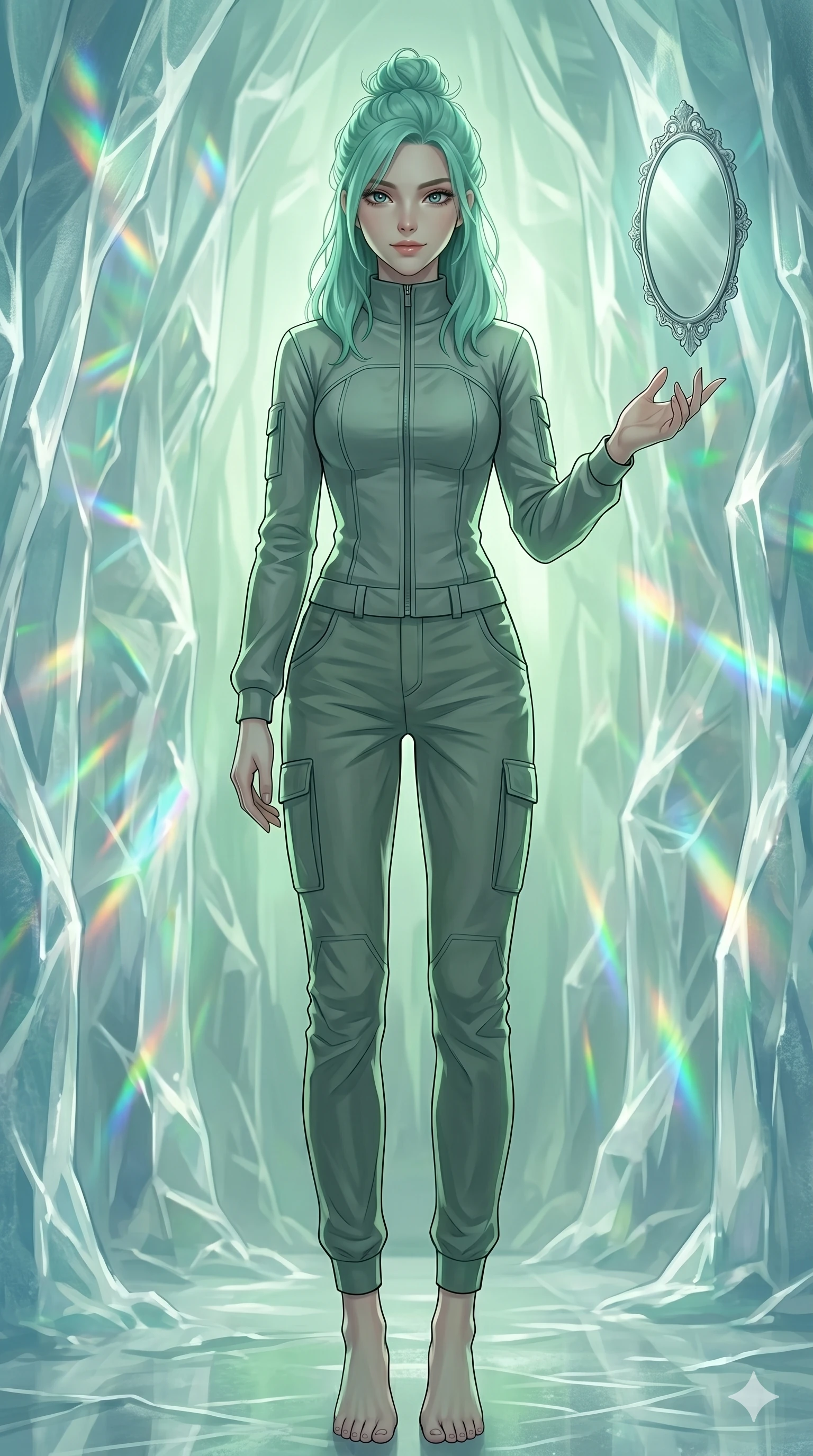 score_9, masterpiece, best quality, ultra-detailed, high-budget anime keyframe, editorial fashion photography, tasteful artistic composition, Japanese woman. low angle full-body shot from head to toe showing her feet, filling the entire 9:16 vertical frame with her statuesque presence, stretching her vertical silhouette. reaching a hand toward a floating mirror, looking at the camera with a mysterious smile inside a glacier ice temple with prismatic light refracting through walls (Code-P18-051). She has an absolutely perfect 8-heads proportion, an exceptionally tall and slender female figure with impossibly long slender legs and an ultra-slim waist. V-shaped jawline, high-bridge nose, intricate jewel-like eyes with depth, thick eyelashes, glossy lips with a natural sheen. wearing a high-neck long-sleeved flight jacket over cargo trousers. soft green ambient light with a sharp key light tracing her silhouette and clavicle. 2k, ultra detail, master piece, 9:16 ratio