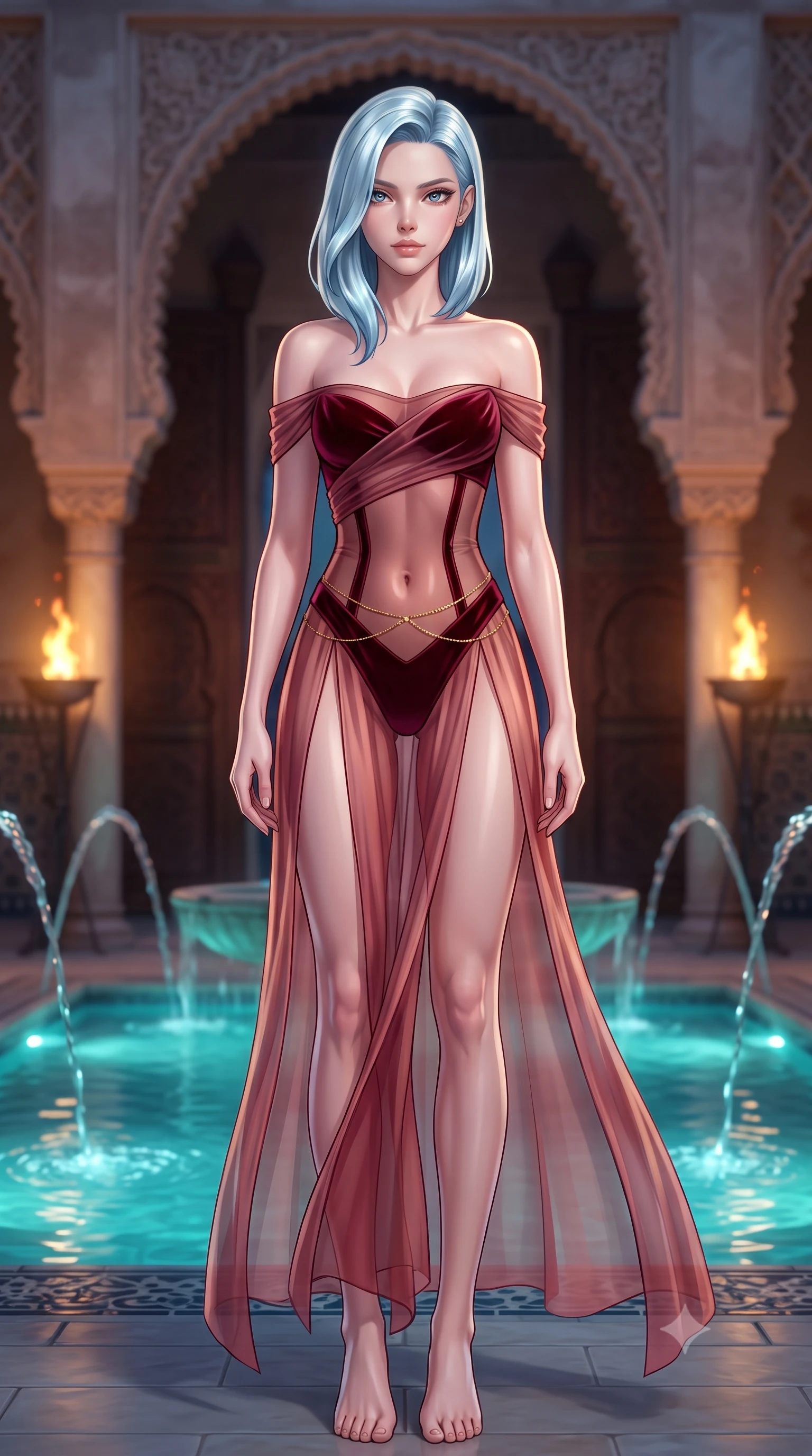 score_9, masterpiece, best quality, ultra-detailed, high-budget anime keyframe, semi-realistic 3D game render, editorial fashion photography, tasteful artistic composition, Korean woman. low angle full-body shot from head to toe showing her feet, filling the entire 9:16 vertical frame with her statuesque presence, stretching her vertical silhouette. executing a slow, graceful pivot turn as her skirt sways around her slender legs, glancing back with an enchanting, teasing sensual expression while twisting her slender torso in an alluring S-curve, dancing torchlight and water reflections sculpting highlights across her flat midriff and hips. The background shows a soft-focus bubbling fountain water spouts softened in royal Moorish palace shallow focus. She has an absolutely perfect, statuesque 8.5-heads proportion, an exceptionally tall and slender model-like female figure with impossibly long slender legs, an ultra-slim waist, a flat toned midriff, narrow delicate ribcage, and beautifully sculpted feminine hips creating a graceful, slim hourglass silhouette without any bulky heaviness. sharp v-shaped jawline, high-bridge nose, sparkling eyes with hypnotic seductive depth, thick curled eyelashes, glossy parted lips with a natural dewy peach sheen, alluring bedroom-eyes with an enchanting coquettish smile, exuding magnetic siren charisma and sophisticated glamour, flawlessly proportioned anatomical accuracy, strict slender model proportions, natural body alignment, perfectly sculpted long slender limbs, ultra-slim waistline, clean dynamic posture without body distortion. wearing an off-the-shoulder sheer-illusion mesh bodysuit with strategic velvet flocking and high-cut leg openings in smoldering Chianti crimson wine and deep rose-gold, made of sheer gossamer chiffon that drapes softly against skin with airy translucence, accented with a dainty gold belly chain resting across her flat midriff and curving hips, the high-slit wrap tailoring accentuating her ultra-slim waistline and the enchanting curve of her feminine hips with alluring seductive charm. bathed in the warm dynamic flicker of real outdoor oil torches combined with turquoise submerged pool downlighting. highly saturated vibrant anime colors, detailed shading with soft gradients, rich glossy textures, high-contrast stereoscopic depth, volumetric dynamic lighting, master piece, 9:16 ratio