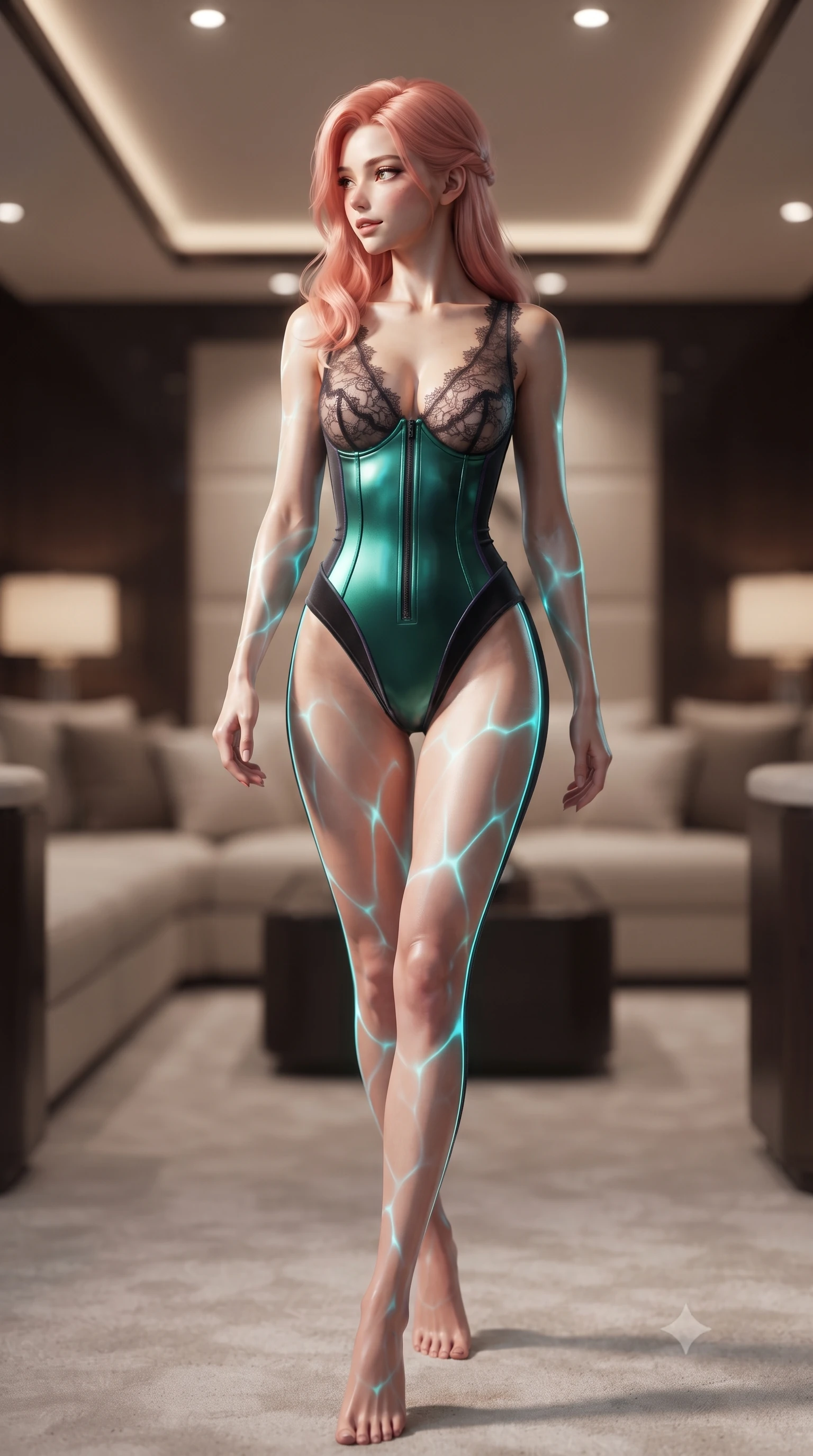 score_9, masterpiece, best quality, ultra-detailed, high-budget anime keyframe, editorial fashion photography, tasteful artistic composition, Japanese woman. low angle full-body shot from head to toe showing her feet, filling the entire 9:16 vertical frame with her statuesque presence, stretching her vertical silhouette. walking along the terrace with poise, looking back over her bare shoulder with an irresistible smoldering bedroom-gaze while twisting her slender torso in an alluring contrapposto stance, undulating underwater LED caustics painting glowing cyan ribbons across her curves. The background shows a soft-focus plush interior yacht salon furnishings softened in subterranean nautical shallow focus. She has an absolutely perfect, statuesque 8.5-heads proportion, an exceptionally tall and slender model-like female figure with impossibly long slender legs, an ultra-slim waist, a flat toned midriff, narrow delicate ribcage, and beautifully sculpted feminine hips creating a graceful, slim hourglass silhouette without any bulky heaviness. sharp v-shaped jawline, high-bridge nose, sparkling eyes with hypnotic seductive depth, thick curled eyelashes, glossy parted lips with a natural dewy peach sheen, alluring bedroom-eyes with an enchanting coquettish smile, exuding magnetic siren charisma and sophisticated glamour, flawlessly proportioned anatomical accuracy, strict slender model proportions, natural body alignment, perfectly sculpted long slender limbs, ultra-slim waistline, clean dynamic posture without body distortion. wearing a form-contouring wet-look neoprene zip-front maillot with high-cut leg openings and racing side stripes in iridescent emerald satin and dark charcoal velvet, made of delicate semi-sheer French Chantilly lace with intricate eyelash edges, finished with scalloped eyelash lace trim framing her sweetheart neckline with intimate elegance, the second-skin tailored fabric adhering flawlessly to her sculpted flat midriff and slender torso, emphasizing her long leg lines and perfectly proportioned willowy build. illuminated by aquatic caustic reflections and sharp electric-cyan rim lights sculpting her razor-sharp jawline, narrow waist, and curvy hips. ultra-reflective glossy finish, specular highlights, rich textural contrasts, high-contrast stereoscopic depth, volumetric dynamic lighting, 2k, ultra detail, master piece, 9:16 ratio