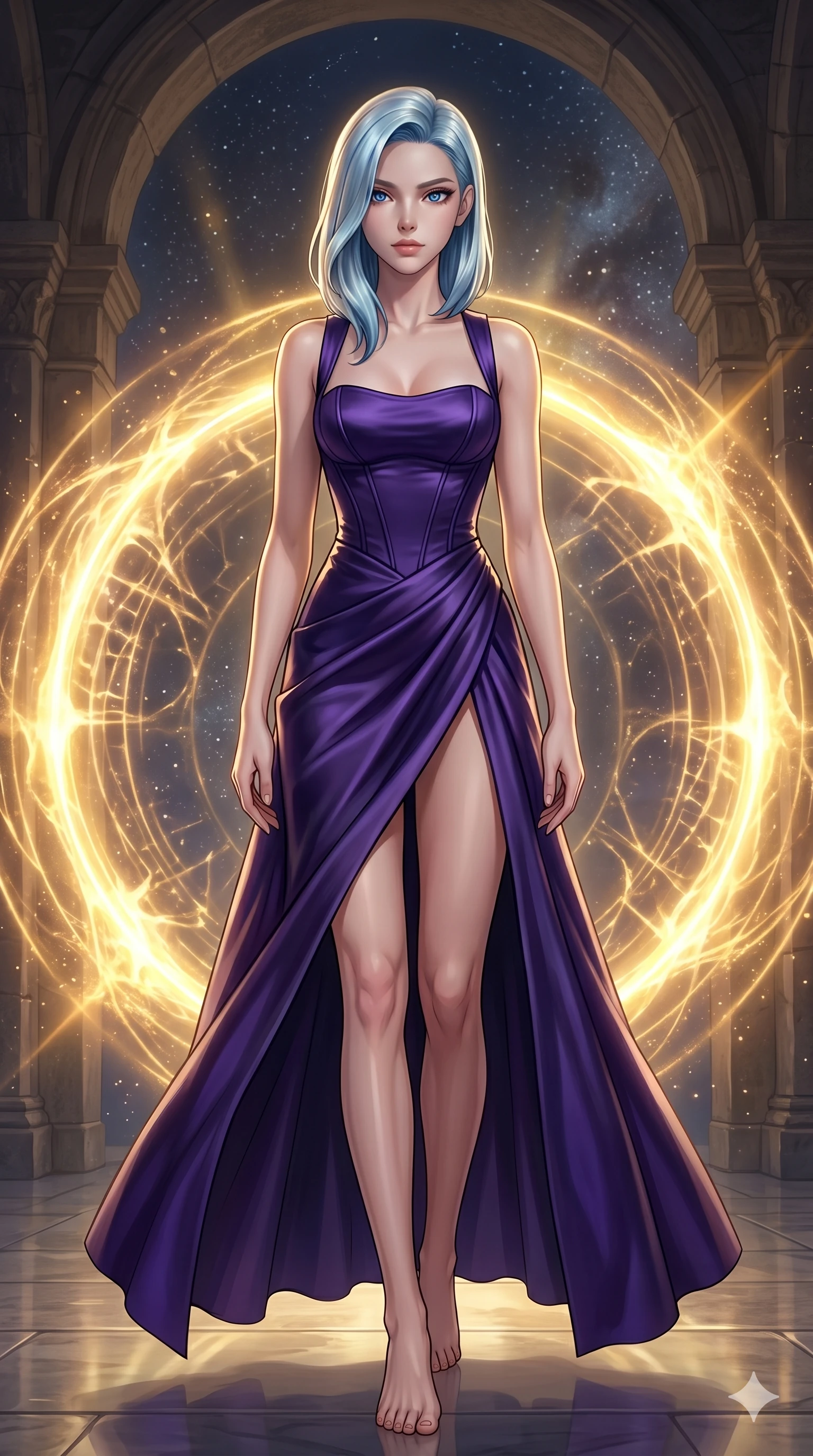 score_9, masterpiece, best quality, ultra-detailed, high-budget anime keyframe, editorial fashion photography, tasteful artistic composition, Korean woman. low angle full-body shot from head to toe showing her feet, filling the entire 9:16 vertical frame with her statuesque presence, stretching her vertical silhouette. Walking forward in slow-motion, her vertical silhouette dominating the center of the frame within a celestial gateway chamber where a massive portal ring glows with gold energy. She has an absolutely perfect 8-heads proportion, an exceptionally tall and slender female figure with impossibly long slender legs and an ultra-slim waist. V-shaped jawline, high-bridge nose, intricate jewel-like eyes with depth, thick eyelashes, glossy lips with a natural sheen. wearing an architectural cocktail dress in deep violet satin with a structured bodice and a high front slit. lit by dramatic chiaroscuro with a single golden key light carving her facial contours and figure. 2k, ultra detail, master piece, 9:16 ratio