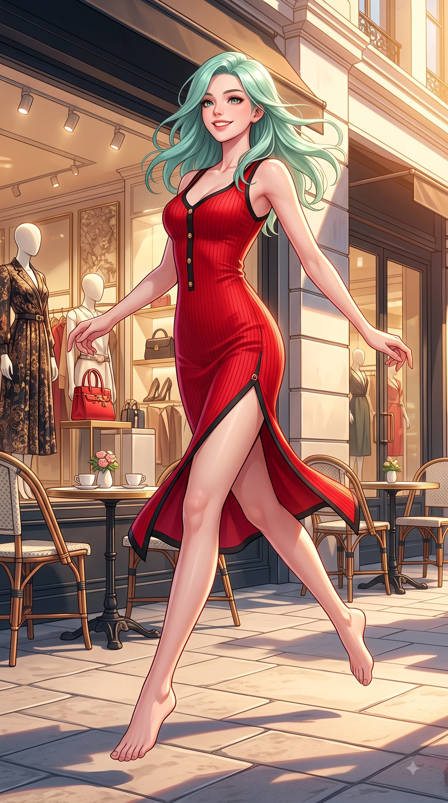 score_9, masterpiece, best quality, ultra-detailed, high-budget anime keyframe, editorial fashion photography, tasteful artistic composition, Japanese woman. low angle full-body shot from head to toe showing her feet, filling the entire 9:16 vertical frame with her statuesque presence, stretching her vertical silhouette. leaping with pure youthful energy through the scene with a radiant bright smile, her long slender legs balanced gracefully while pivoting gracefully outside a luxury fashion popup store with a captivating bright smile. The surrounding environment is rendered in vivid detail and crisp panoramic clarity. intricate fashion displays, outdoor cafe seating, and crisp architectural shadows rendered in deep focus. She has an absolutely perfect, statuesque 8.5-heads proportion, an exceptionally tall and slender model-like female figure with impossibly long slender legs and an ultra-slim waist. sharp v-shaped jawline, high-bridge nose, intricate jewel-like eyes with depth, thick eyelashes, glossy lips with a natural sheen, flawlessly proportioned anatomical accuracy, natural body alignment, perfectly sculpted elegant limbs, clean dynamic posture without body distortion. wearing a form-fitting ribbed knit midi dress with a tasteful side leg slit in vibrant scarlet red and sleek black trim, crafted from smooth liquid silk satin, adorned with delicate gold buttons along the front, the sleek second-skin texture accentuating her magnetic presence. bathed in brilliant golden hour sunshine and warm urban ambient illumination. highly saturated vibrant anime colors, detailed shading with soft gradients, rich glossy textures, high-contrast stereoscopic depth, volumetric dynamic lighting, master piece, 9:16 ratio