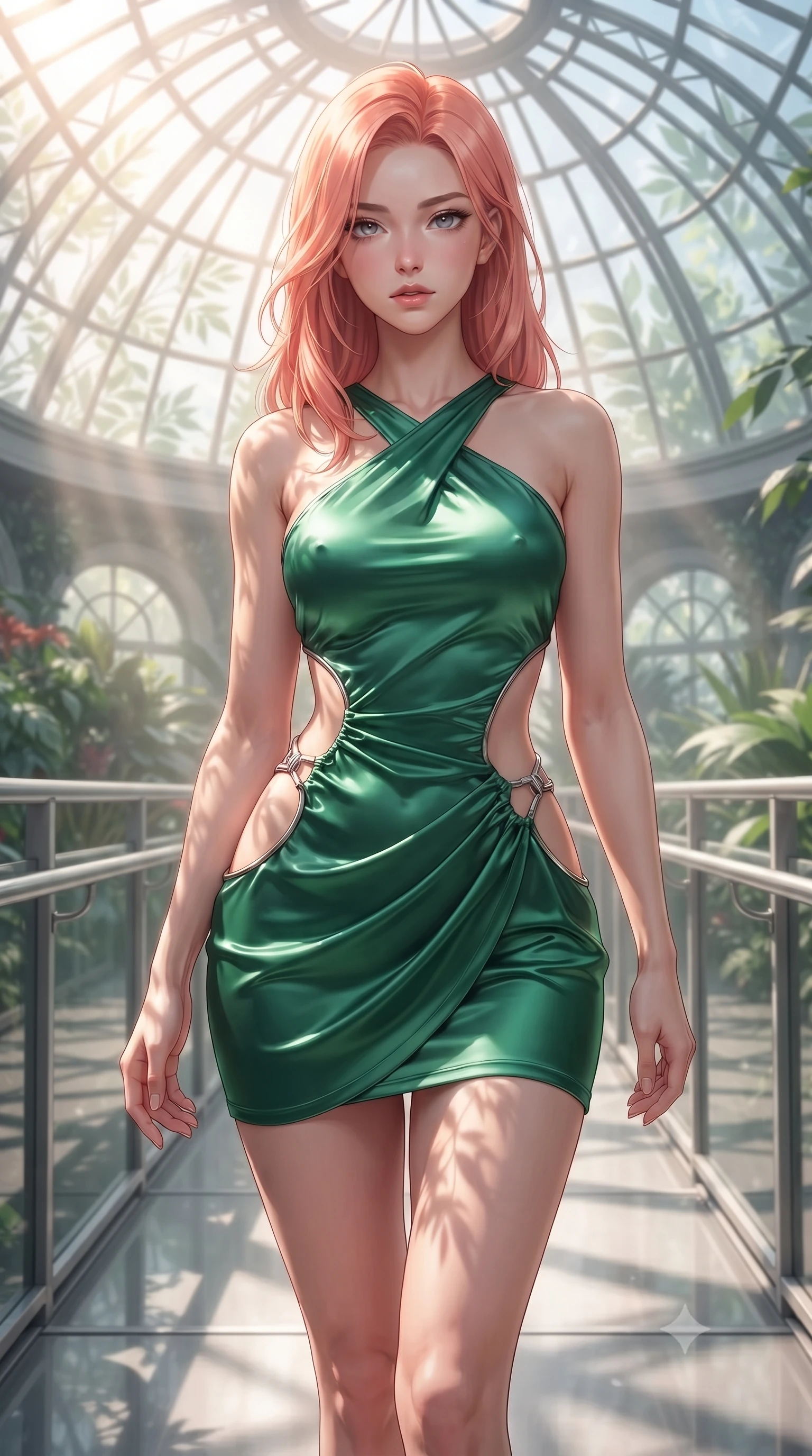 score_9, masterpiece, best quality, ultra-detailed, high-budget anime keyframe, editorial fashion photography, tasteful artistic composition, Japanese woman. close-up cowboy shot from the waist and thighs up, the character dominates the composition, filling the frame with her large presence, background elements kept in soft focus. Leaning slightly forward with a composed, seductive gaze under soft glowing light walking along a platinum-framed glass walkway in a sunlit botanical dome, intense volumetric sunbeams filtering through the glass ceiling. She has an exceptionally elegant, slender, and willowy female figure with an ultra-slim waist, a gracefully sculpted slender torso, and a refined silhouette. sharp v-shaped jawline, high-bridge nose, intricate jewel-like eyes with depth, thick eyelashes, glossy lips with a natural sheen. wearing a dramatic open-waist cutout mini dress framed by sculptural hardware in deep emerald green and silver accent, crafted from lustrous satin jersey with fluid draping, complemented by criss-cross back straps highlighting her bare shoulders, the form-contouring material highlighting her ultra-slim waist and long lines. illuminated by brilliant sunbeams casting organic leaf stencil shadows. ultra-reflective glossy finish, specular highlights, metallic sheen, high-contrast stereoscopic depth, volumetric dynamic lighting, 2k, ultra detail, master piece, 9:16 ratio