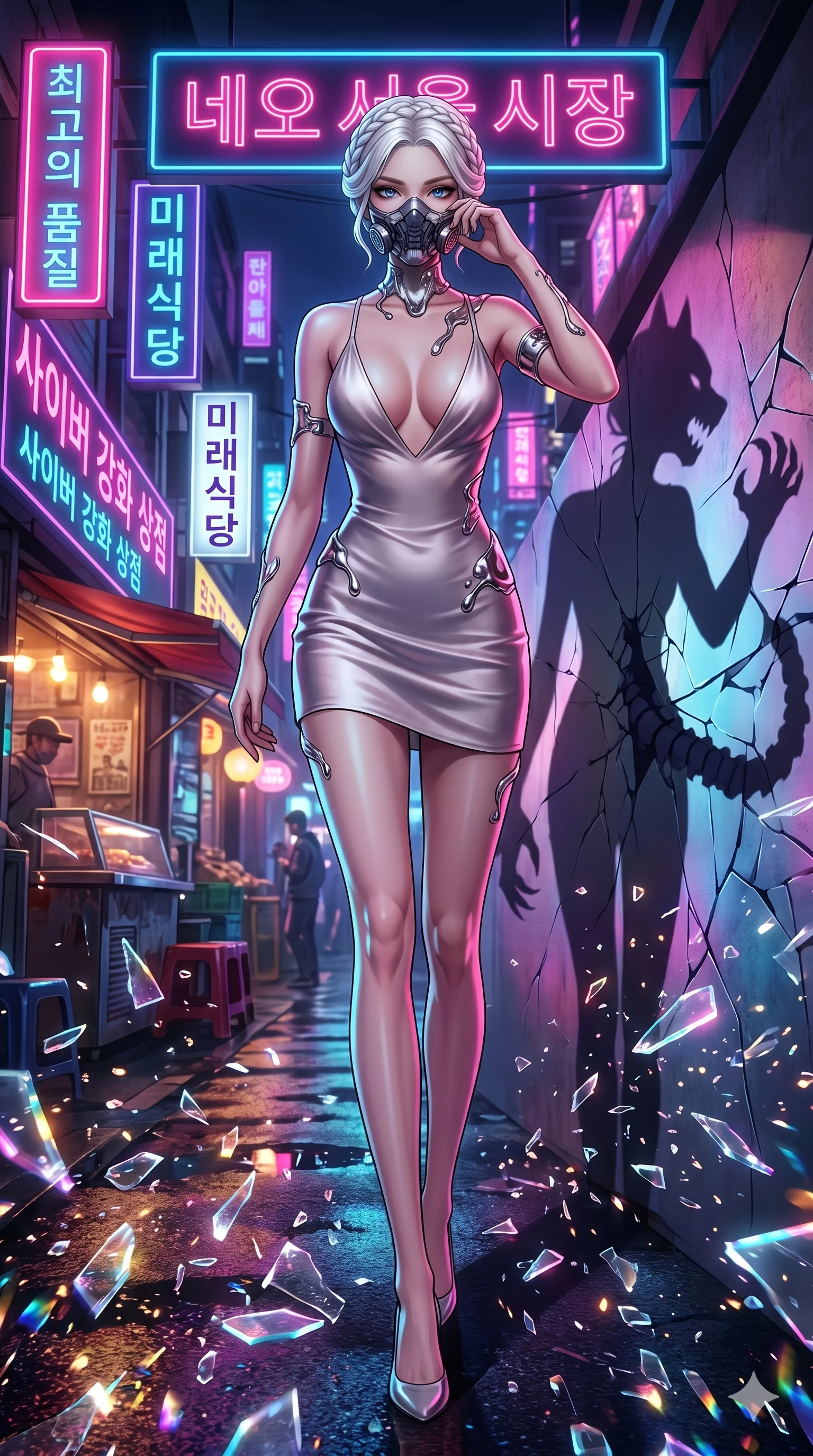score_9, masterpiece, best quality, ultra-detailed, Set A: High-budget Anime Keyframe, Korean woman. Low angle cowboy shot filling the entire 9:16 frame with her statuesque presence. Adjusting a mask through a neon-lit Neo-Seoul market, while her shadow mimics the movements of a predator 105 and surrounded by shattered glass fragments. She has an absolutely perfect 8-heads proportion, an exceptionally tall and slender female figure with impossibly long slender legs and an ultra-slim waist. Sharp v-shaped jawline, high-bridge nose, intricate jewel-like eyes with depth, thick eyelashes, glossy lips with a natural sheen. Wearing Elegant silk slip dress with a dangerously low neckline and molten mercury accessories. Cinematic lighting, vibrant colors, dramatic shadows, 2k, ultra detail, master piece, 9:16 ratio