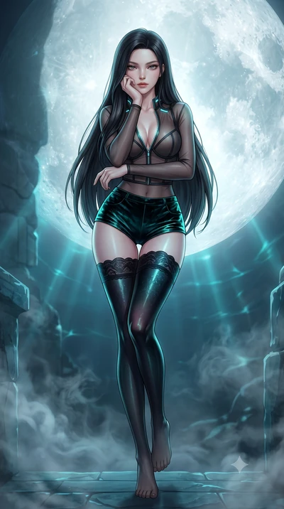 score_9, masterpiece, best quality, ultra-detailed, high-budget anime keyframe, semi-realistic 3D game render, editorial fashion photography, tasteful artistic composition, Korean woman. low angle full-body shot from head to toe showing her feet, fil