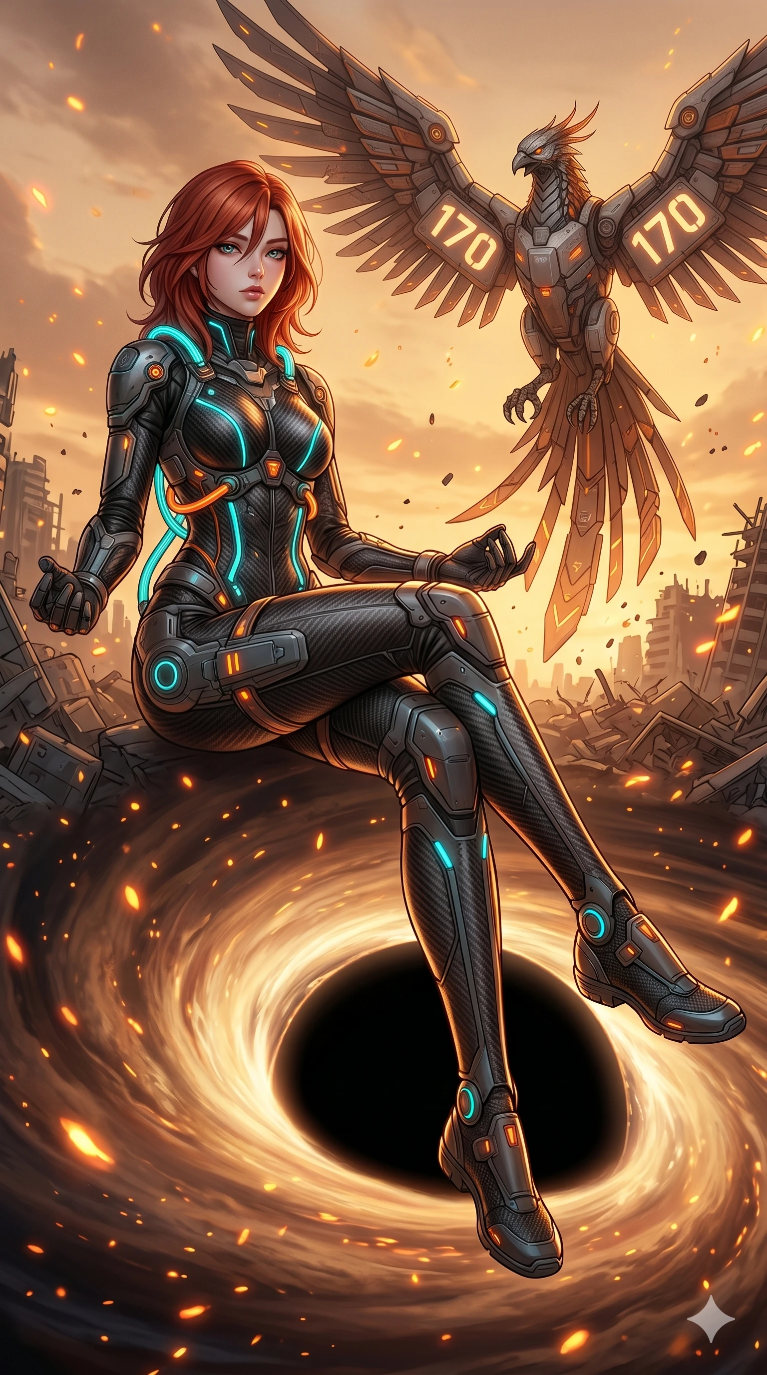 score_9, masterpiece, best quality, ultra-detailed, Set A: High-budget Anime Keyframe, Korean woman. Low angle cowboy shot filling the entire 9:16 frame with her statuesque presence. Theme: Urban Decay. meditating in the edge of a black hole, while a mechanical phoenix rises in the background marked 170. The atmosphere is filled with golden hour with floating embers. She has an absolutely perfect 8-heads proportion, an exceptionally tall and slender female figure with impossibly long slender legs and an ultra-slim waist. Sharp v-shaped jawline, high-bridge nose, intricate jewel-like eyes with depth, glossy lips. Wearing Interstellar pilot suit with glowing oxygen-tubes and a sleek carbon-fiber frame. Cinematic lighting, vivid colors, dramatic shadows, 2k, ultra detail, master piece, 9:16 ratio