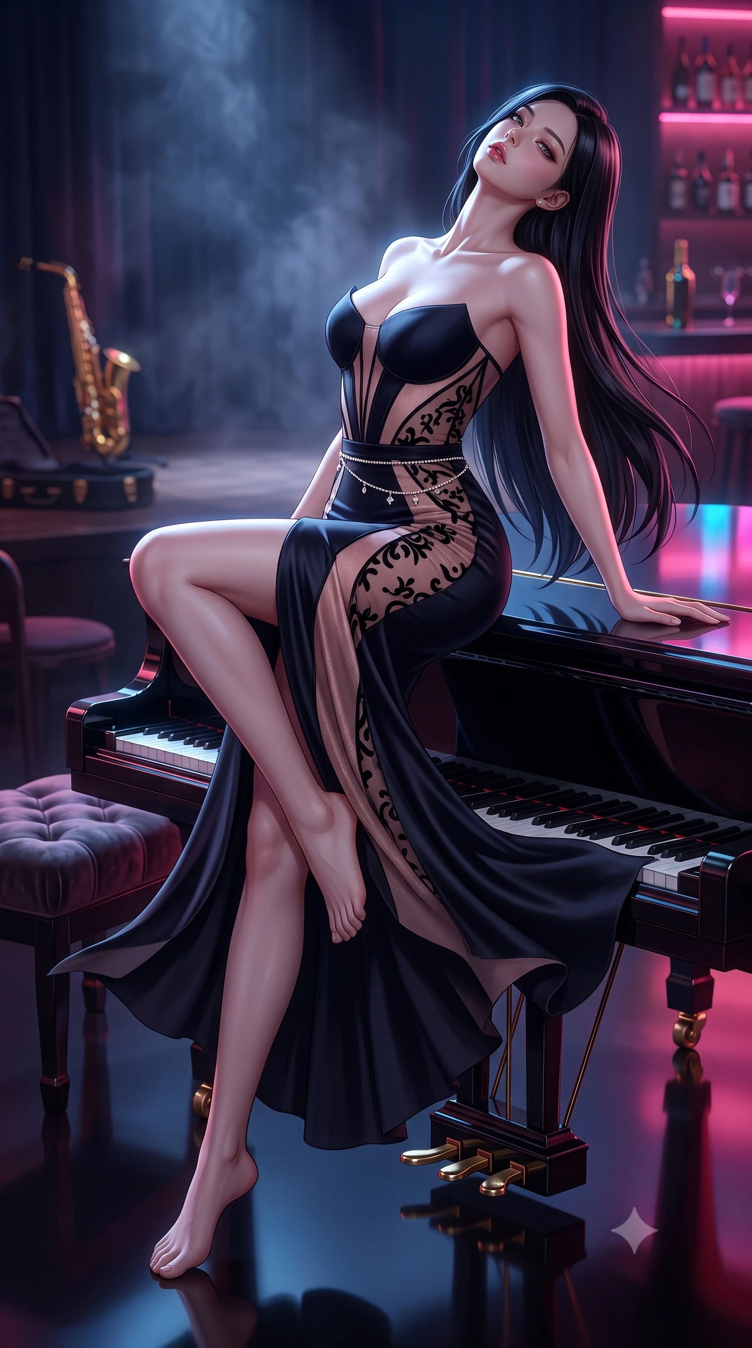 score_9, masterpiece, best quality, ultra-detailed, high-budget anime keyframe, semi-realistic 3D game render, editorial fashion photography, tasteful artistic composition, Korean woman. low angle full-body shot from head to toe showing her feet, filling the entire 9:16 vertical frame with her statuesque presence, stretching her vertical silhouette. executing an elegant mid-motion pivot turn as garments swirl around her slender limbs, glancing over her shoulder with an intoxicating bedroom-gaze while stretching languidly on the piano lid with one knee raised and head tilted back in musical ecstasy, moonlight tracing her throat and hips. The surrounding environment is rendered in vivid detail and crisp panoramic clarity. sharp piano lacquer surface reflections, polished brass pedal hardware, and velvet stool tufting in deep focus. She has an absolutely perfect, statuesque 8.5-heads proportion, an exceptionally tall and slender model-like female figure with impossibly long slender legs, a toned flat midriff, an ultra-slim waist, and beautifully sculpted feminine hips. sharp v-shaped jawline, high-bridge nose, intricate jewel-like eyes with depth, thick eyelashes, glossy parted lips with a natural sheen, intensely captivating and seductive bedroom-eyes expression, flawlessly proportioned anatomical accuracy, strict slender model proportions, natural body alignment, perfectly sculpted long slender limbs, ultra-slim waistline, clean dynamic posture without body distortion. wearing a midnight silk crepe mermaid gown featuring an architectural strapless neckline and bodycon hip hug in dusky blush rose and champagne shimmer, made of sheer contouring power-mesh with velvet flocking patterns, accented with a dainty diamond waist chain catching the ambient neon reflections, the form-contouring material adhering flawlessly to her sculpted flat midriff and slender torso, emphasizing her long leg lines and perfectly proportioned willowy build. surrounded by a sultry, soulful, and deeply intoxicating midnight jazz muse aura. highly saturated vibrant anime colors, detailed shading with soft gradients, rich glossy textures, high-contrast stereoscopic depth, volumetric dynamic lighting, master piece, 9:16 ratio