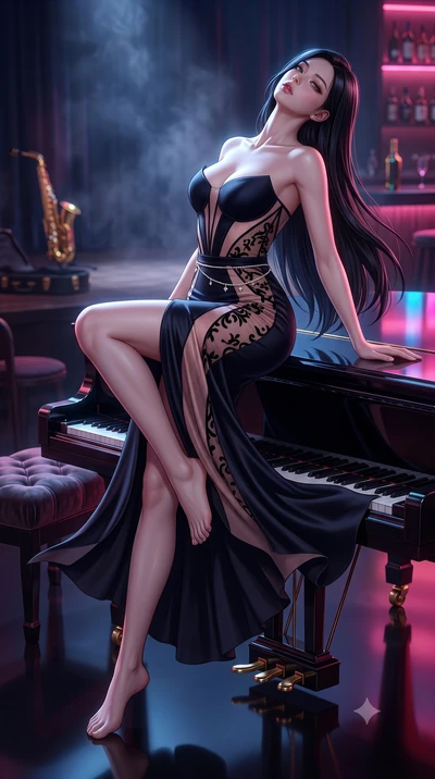 score_9, masterpiece, best quality, ultra-detailed, high-budget anime keyframe, semi-realistic 3D game render, editorial fashion photography, tasteful artistic composition, Korean woman. low angle full-body shot from head to toe showing her feet, fil