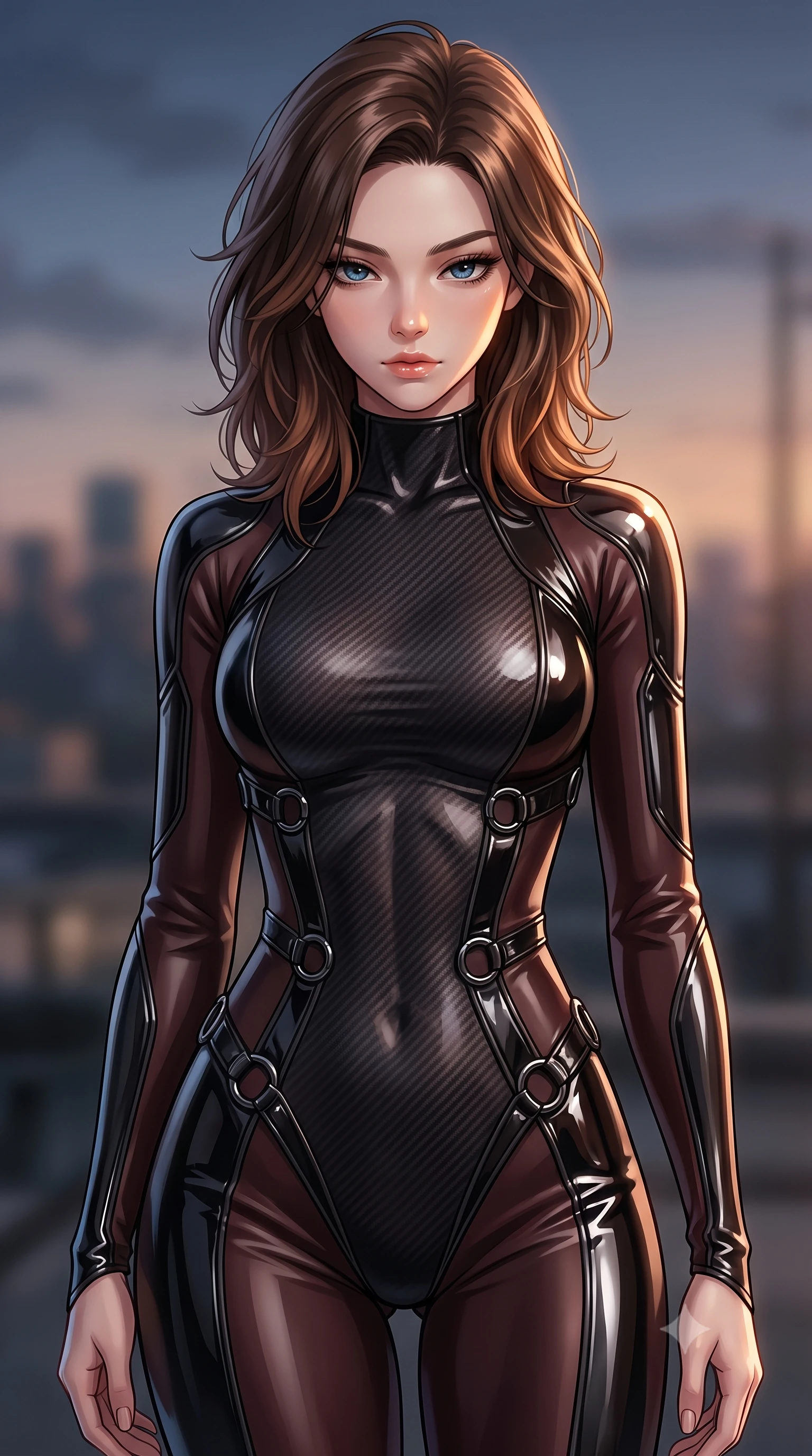 score_9, masterpiece, best quality, ultra-detailed, high-budget anime keyframe, editorial fashion photography, tasteful artistic composition, Korean woman. close-up cowboy shot from the waist and thighs up, the character dominates the composition, filling the frame with her large presence, background elements kept in soft focus. Looking down with lowered lashes and a composed, powerful dark aura, looking directly into the camera with direct, composed magnetic charisma, fluid movement of her body contoured by a form-fitting liquid silk gown. She has an exceptionally elegant, slender, and willowy female figure with an ultra-slim waist, a gracefully sculpted slender torso, and a refined silhouette. sharp v-shaped jawline, high-bridge nose, intricate jewel-like eyes with depth, thick eyelashes, glossy lips with a natural sheen. wearing second-skin matte carbon-fiber combat suit in onyx black in dark mahogany, made of high-gloss liquid vinyl, trimmed with dark chrome ring hardware along the waist contours, accentuating her gracefully sculpted slender torso. lit by clear warm key rays highlighting her refined facial features. highly saturated vibrant anime colors, detailed shading with soft gradients, rich glossy textures, high-contrast stereoscopic depth, volumetric dynamic lighting, master piece, 9:16 ratio
