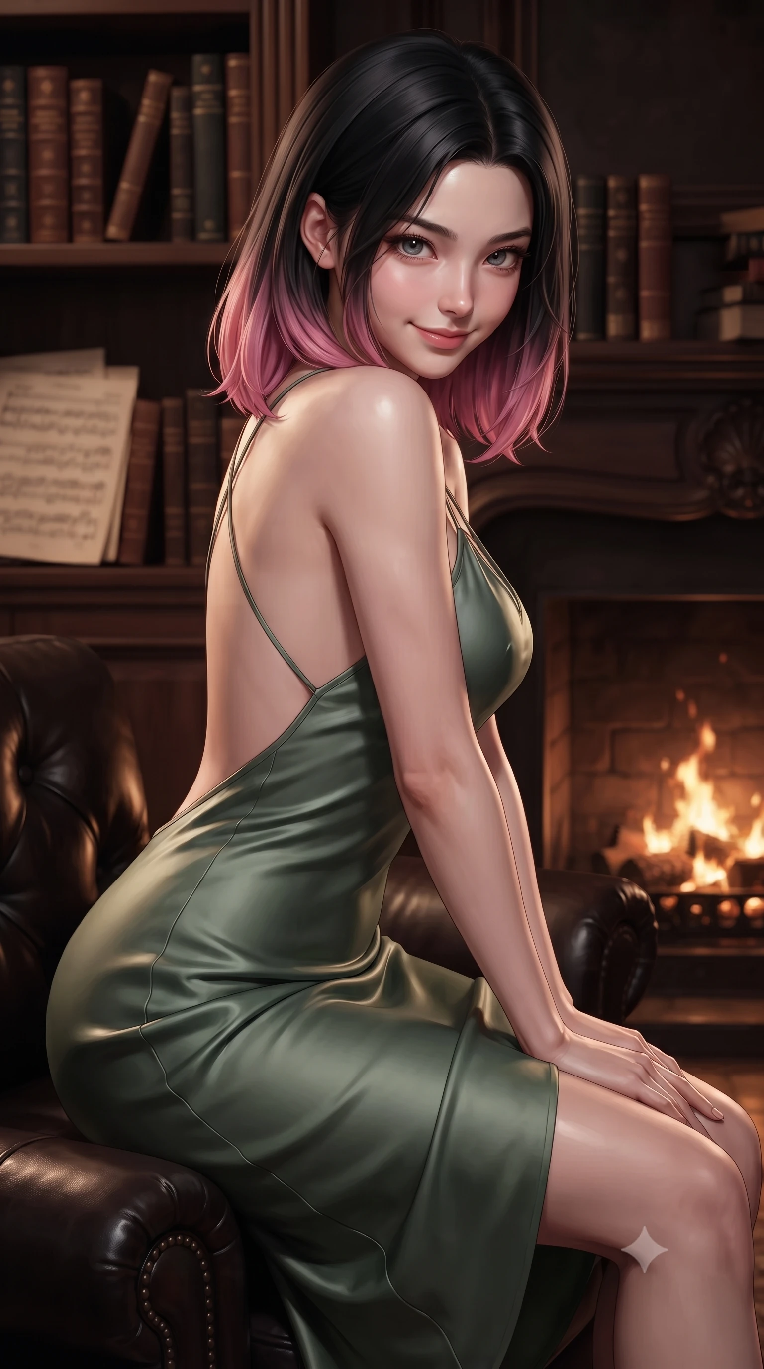 score_9, masterpiece, best quality, ultra-detailed, high-budget anime keyframe, editorial fashion photography, tasteful artistic composition, Korean woman. close-up cowboy shot from the waist and thighs up, the character dominates the composition, filling the frame with her large presence, background elements kept in soft focus. leaning slightly forward with a playful, teasing smile, her gaze locked onto the viewer the background shows a soft-focus the private study of a theater director with leather chairs and music sheets. She has an exceptionally elegant, slender, and willowy female figure with an ultra-slim waist, a gracefully sculpted slender torso, and a refined silhouette. sharp v-shaped jawline, high-bridge nose, intricate jewel-like eyes with depth, thick eyelashes, glossy lips with a natural sheen. wearing a slim-fit lightweight silk sundress in sage green with a dramatic open-back and thin criss-cross straps. warm fireplace light casting cozy, intimate shadows on the wooden shelves. ultra-reflective glossy finish, specular highlights, metallic sheen, high-contrast stereoscopic depth, volumetric dynamic lighting, 2k, ultra detail, master piece, 9:16 ratio