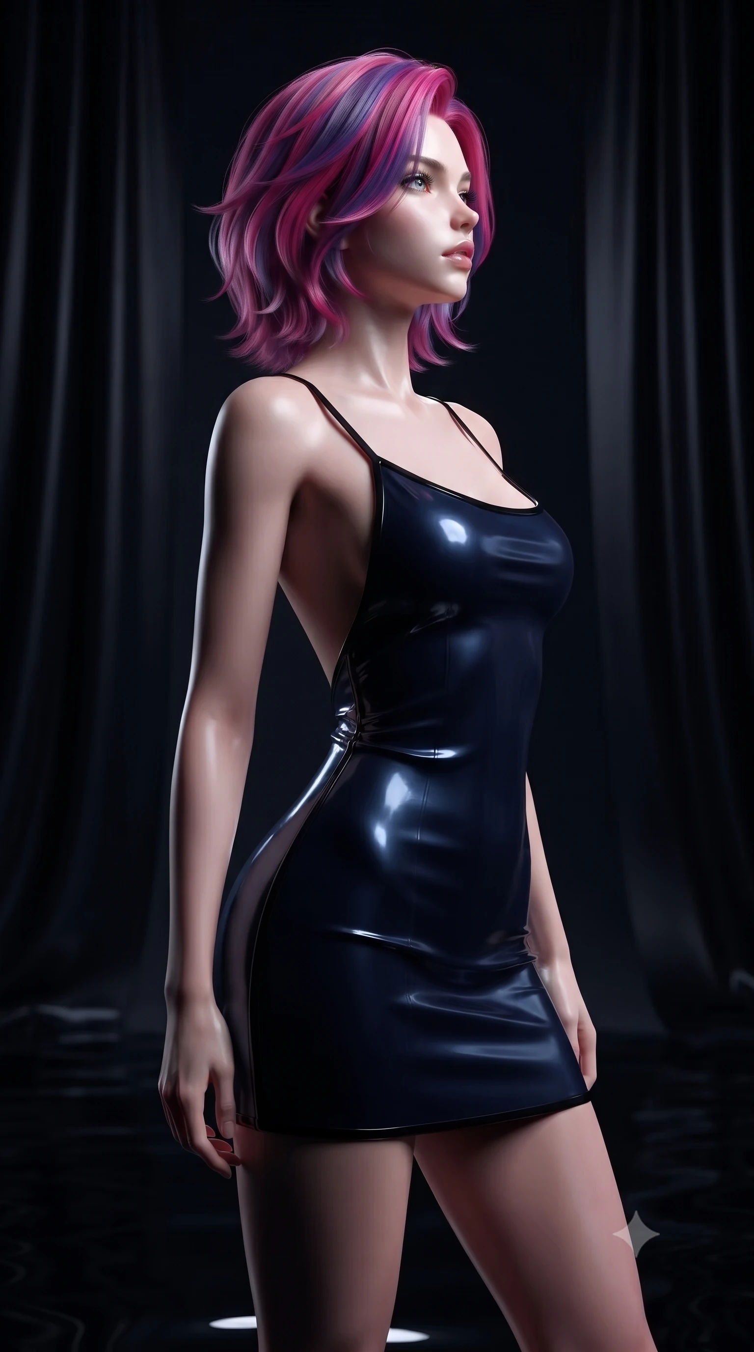 score_9, masterpiece, best quality, ultra-detailed, high-budget anime keyframe, editorial fashion photography, tasteful artistic composition, Caucasian woman. close-up cowboy shot from the waist and thighs up, the character dominates the composition, filling the frame with her large presence, background elements kept in soft focus. Turning her face in sharp dramatic profile against the moody key light, standing in a dark chamber containing a still pool of liquid black mercury, heavy black silk curtains absorbing surrounding light into deep darkness. She has an exceptionally elegant, slender, and willowy female figure with an ultra-slim waist, a gracefully sculpted slender torso, and a refined silhouette. sharp v-shaped jawline, high-bridge nose, intricate jewel-like eyes with depth, thick eyelashes, glossy lips with a natural sheen. wearing backless liquid vinyl mini slip dress with bare shoulder neckline in midnight navy blue, made of sculpted obsidian metallic chrome, adorned with minimalist black onyx hardware framing the silhouette, sculpting her athletic slender build with refined precision. lit by sharp silvery key light casting dramatic dark reflections. highly saturated vibrant anime colors, detailed shading with soft gradients, rich glossy textures, high-contrast stereoscopic depth, volumetric dynamic lighting, master piece, 9:16 ratio