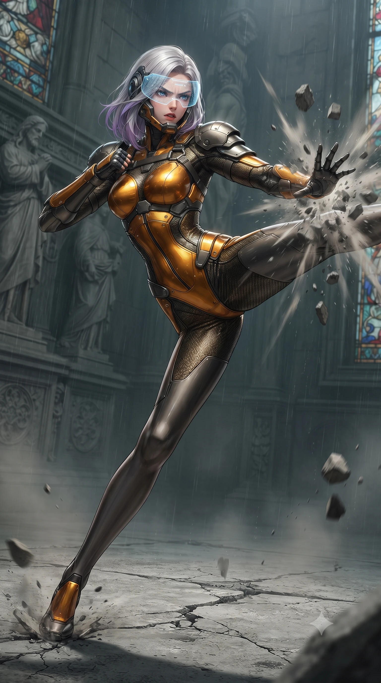 score_9, masterpiece, best quality, ultra-detailed, high-budget anime keyframe, editorial fashion photography, tasteful artistic composition, Caucasian woman. low angle full-body shot from head to toe showing her feet, filling the entire 9:16 vertical frame with her statuesque presence, stretching her vertical silhouette. pivoting dynamically in a high-speed low sweep kick along the cracked concrete, her athletic torso and ultra-slim waist twisting in a fluid arc of power while delivering a supersonic kinetic palm strike that shatters falling masonry in a radial blast of air and dust. The surrounding environment is rendered in vivid detail and crisp panoramic clarity. detailed saint statue reliefs, rain-streaked stained glass borders, and armor joint mesh in high clarity. She has an absolutely perfect, statuesque 8.5-heads proportion, an exceptionally tall and slender model-like female figure with impossibly long slender legs, a toned flat midriff, and an ultra-slim waist. sharp v-shaped jawline, high-bridge nose, intricate jewel-like eyes with depth, thick eyelashes, glossy lips with a natural sheen, fierce and resolute heroine expression, flawlessly proportioned anatomical accuracy, strict slender model proportions, natural body alignment, perfectly sculpted long slender limbs, ultra-slim waistline, clean dynamic posture without body distortion. wearing an open-face aerodynamic carbon-fiber combat helmet with a retracted transparent holographic HUD visor framing her sharp jawline and jewel-like eyes, paired with a statuesque high-fashion cyber-warrior armor suit with platinum bevels, heavy articulated shoulder guards, and an ultra-slim waist-cinching corset in molten amber-gold carbon cuirass with dark gunmetal weave, made of lightweight aerodynamic carbon-titanium alloy with precision-beveled armor seams, complemented by criss-cross back harness straps highlighting her completely bare spine, the glove-like aerodynamic second-skin fit tightly clinging to her ultra-slender waist and athletic curves without adding bulk, accentuating her razor-sharp statuesque lines and slim hourglass silhouette. illuminated by crisp directional key light defining her razor-sharp jawline, eyes, and ultra-slim waist. ultra-reflective glossy finish, specular highlights, dark metallic sheen, high-contrast stereoscopic depth, volumetric dynamic lighting, 2k, ultra detail, master piece, 9:16 ratio