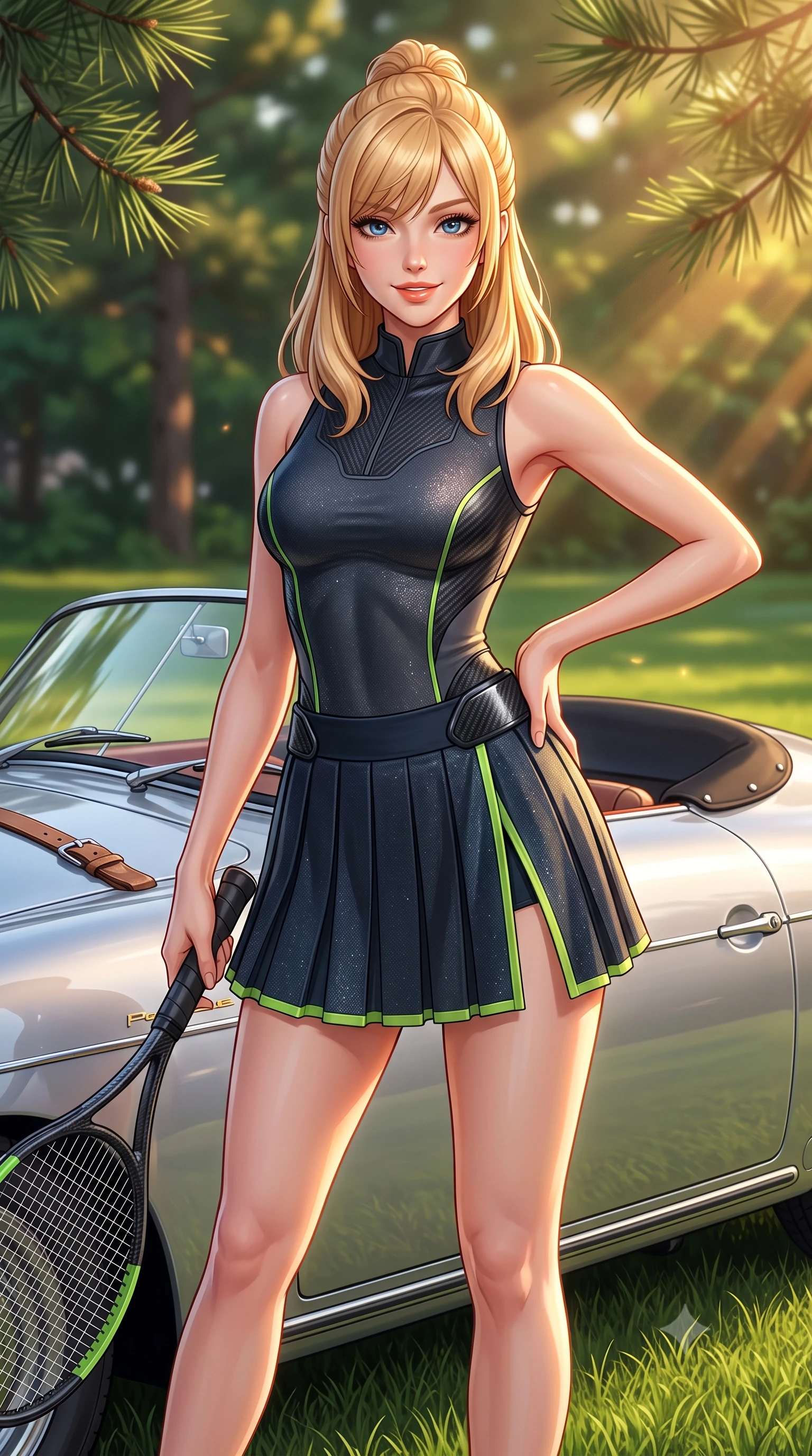 score_9, masterpiece, best quality, ultra-detailed, high-budget anime keyframe, semi-realistic 3D game render, editorial fashion photography, tasteful artistic composition, Caucasian woman. close-up cowboy shot from the waist and thighs up, the character dominates the composition, filling the frame with her large presence. twisting her slender torso in an alluring contrapposto stance, one hand resting on her sculpted hip while holding a tennis racket with effortless poise while standing beside the tiny windshield of a classic silver Porsche 356 Speedster on the green polo lawn, arching her back with effortless French chic. The surrounding environment is rendered in vivid detail and crisp panoramic clarity: sharp speedster curved aluminum body lines, leather bonnet strap buckles, and lawn grass blade clarity in deep focus. She has an exceptionally elegant, slender, and willowy female figure with an ultra-slim waist, flat toned midriff, narrow ribcage, and sculpted feminine hips creating an alluring, slim hourglass silhouette without bulk. sharp v-shaped jawline, high-bridge nose, sparkling eyes with athletic focus and depth, thick curled eyelashes, glossy parted lips with a natural coral-peach sheen, bright confident and coquettish smile with alluring bedroom-eyes, exuding both youthful sporty vigor and sovereign high-society glamour, flawlessly proportioned anatomical accuracy, strict slender model proportions, natural body alignment, perfectly sculpted long slender limbs, ultra-slim waistline, clean dynamic posture without body distortion. wearing a sleeveless high-collar racing bodysuit with carbon-fiber chestplate accents and a pleated wrap tennis skirt with side hip slit in deep midnight carbon and luminous lime green piping, woven from metallic lurex and technical nylon with subtle starlight glints, accented with sleek aerodynamic carbon-fiber hip pads framing her narrow waist, the high-waisted wrap tailoring accentuating her ultra-slim waistline and the enchanting curve of her feminine hips with alluring sporty charm. bathed in horizontal late-afternoon golden hour sunbeams filtering through pine needles. highly saturated vibrant anime colors, detailed shading with soft gradients, rich glossy textures, high-contrast stereoscopic depth, volumetric dynamic lighting, master piece, 9:16 ratio