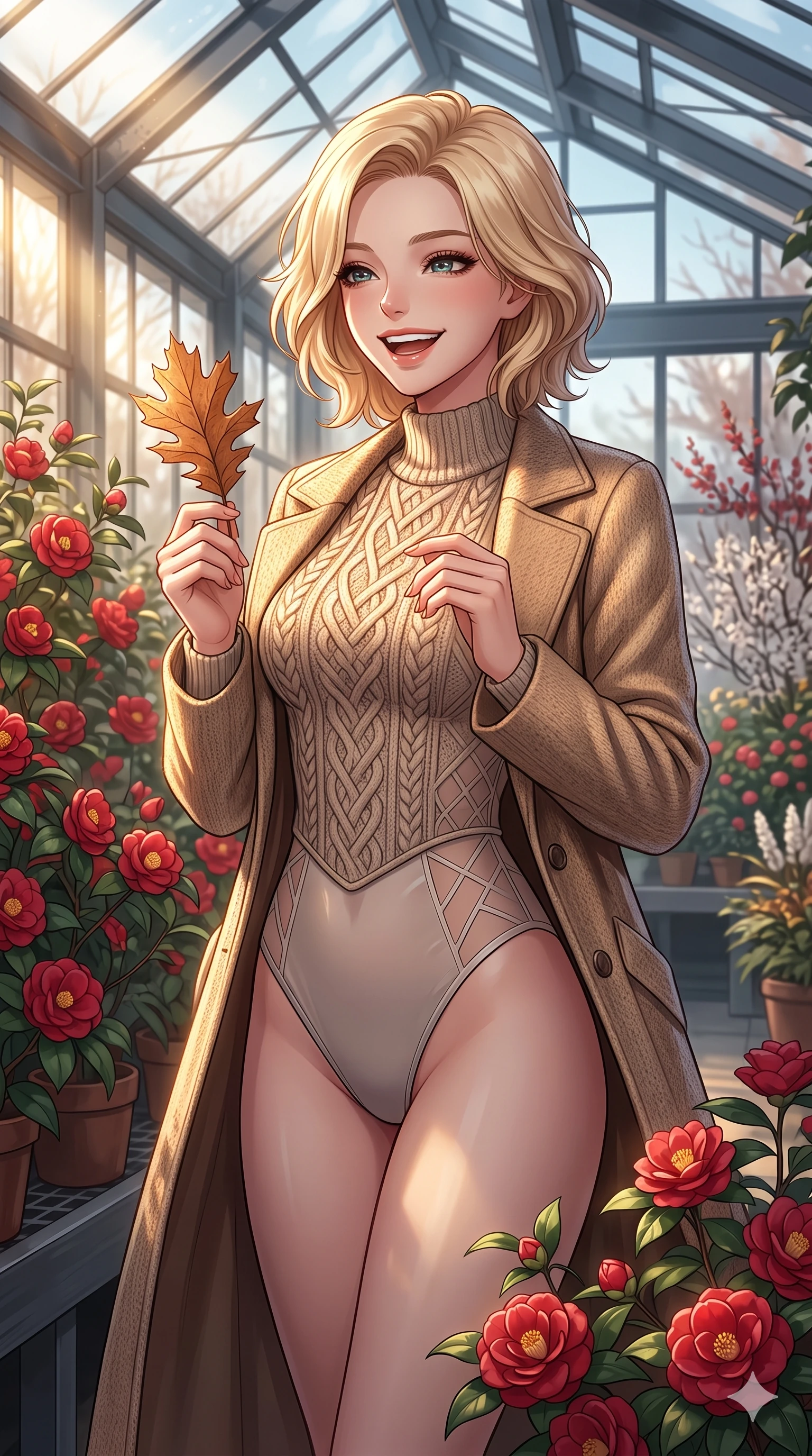 score_9, masterpiece, best quality, ultra-detailed, high-budget anime keyframe, vibrant anime aesthetic, Caucasian woman, strictly human ears. cowboy shot from the thighs up, character and outfit filling the frame for maximum presence. She is laughing happily while holding a winter leaf, her face curved in a warm smile inside a modern greenhouse with winter red camellias (Code-P21-131). She has an absolutely perfect 8-heads proportion, an exceptionally tall and slender female figure with impossibly long slender legs and an ultra-slim waist. V-shaped jawline, high-bridge nose, intricate jewel-like eyes with depth, thick eyelashes, glossy lips with a natural sheen. wearing a patterned textured knit-inspired structured bodice over a translucent bodysuit with refined side vent design in winter. She is illuminated by warm, golden sun rays highlighting the textures of her cozy coat. 2k, ultra detail, master piece, 9:16 ratio