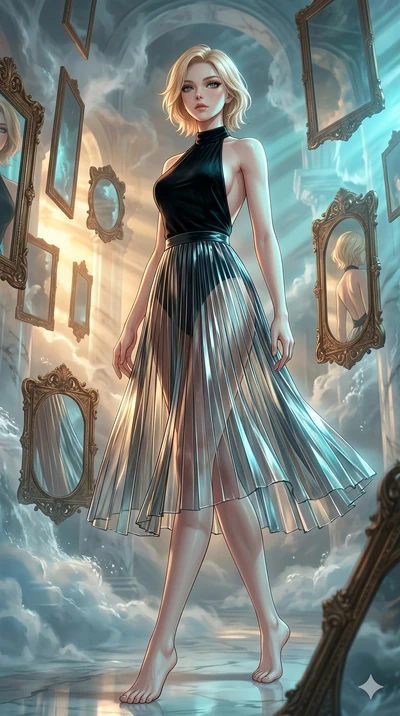 score_9, masterpiece, best quality, ultra-detailed, high-budget anime keyframe, Japanese woman. low angle full-body shot filling the entire 9:16 frame with her statuesque presence, stretching the vertical silhouette. wandering through a mirage cloud 
