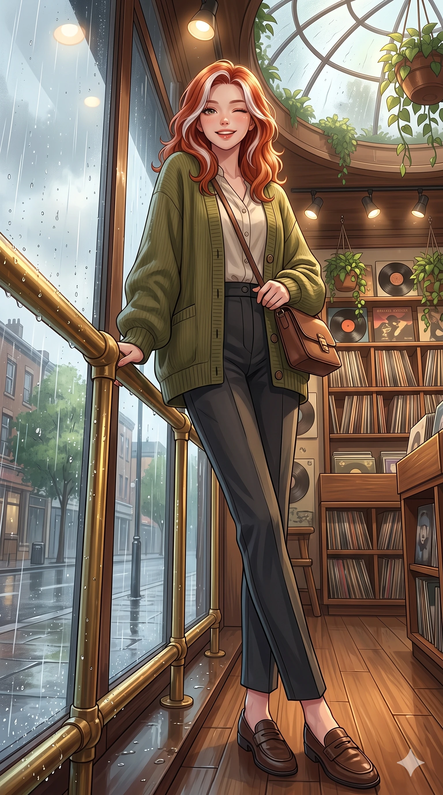 score_9, masterpiece, best quality, ultra-detailed, high-budget anime keyframe, vibrant anime aesthetic, Caucasian woman, strictly human ears. low angle full-body shot from head to toe showing her feet, filling the entire 9:16 vertical frame with her statuesque presence, stretching her vertical silhouette. She is leaning back on a wet, rain-slicked railing, winking and smiling delightfully, with a bright, joyful gaze surrounded by fresh morning mist. by the window of a cozy vintage record store, looking at the street through rain-streaked window panes (Code-P22-033). She has an absolutely perfect 8-heads proportion, an exceptionally tall and slender female figure with impossibly long slender legs and an ultra-slim waist. V-shaped jawline, high-bridge nose, intricate jewel-like eyes with depth, thick eyelashes, glossy lips with a natural sheen. wearing an oversized olive green knit cardigan over a buttoned cotton blouse and tailored trousers with a designer bag. She is illuminated by warm overhead spotlights inside the plant conservatory dome, casting soft shadows that enhance her features during a refreshing sun shower. 2k, ultra detail, master piece, 9:16 ratio