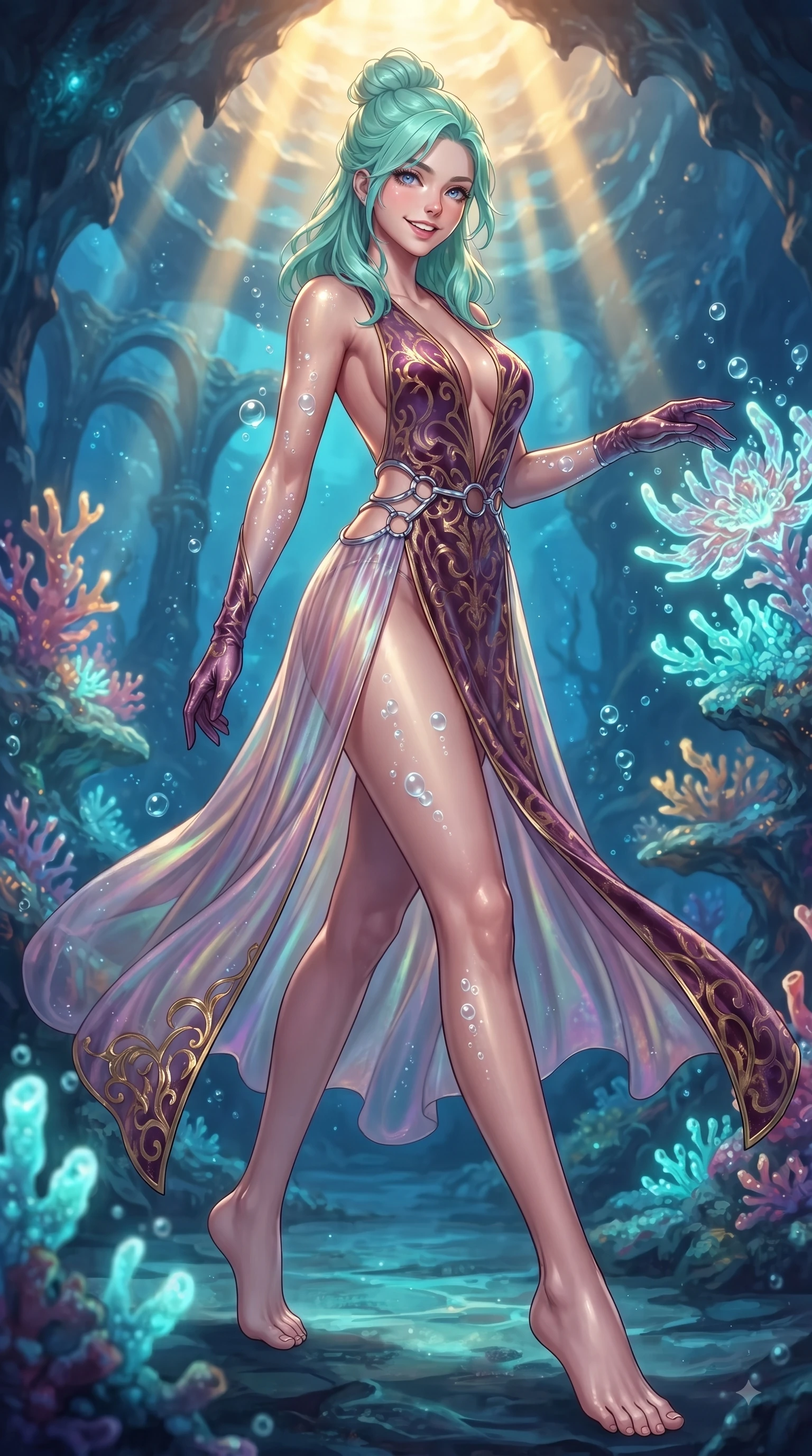 score_9, masterpiece, best quality, ultra-detailed, high-budget anime keyframe, editorial fashion photography, tasteful artistic composition, Japanese woman. low angle full-body shot from head to toe showing her feet, filling the entire 9:16 vertical frame with her statuesque presence, stretching her vertical silhouette. stepping forward in a proud dynamic stride with a cheerful beaming smile, her vertical silhouette filling the frame while reaching her hand out with a bright smiling face to touch a glowing coral sea blossom, rising bioluminescent bubbles casting soft pearl-white highlights on her skin. She has an absolutely perfect, statuesque 8.5-heads proportion, an exceptionally tall and slender model-like female figure with impossibly long slender legs and an ultra-slim waist. sharp v-shaped jawline, high-bridge nose, intricate jewel-like eyes with depth, thick eyelashes, glossy lips with a natural sheen, flawlessly proportioned anatomical accuracy, natural body alignment, perfectly sculpted elegant limbs, clean dynamic posture without body distortion. wearing a translucent iridescent chiffon gown with a plunging neckline and open back in plum purple and gold filigree, made of premium stretch velvet with a rich sheen, accented with delicate chrome ring hardware framing her waist, the glove-like fit emphasizing her statuesque silhouette during motion. illuminated by cheerful aqua bioluminescence and warm golden top lighting. ultra-reflective glossy finish, specular highlights, metallic sheen, high-contrast stereoscopic depth, volumetric dynamic lighting, 2k, ultra detail, master piece, 9:16 ratio