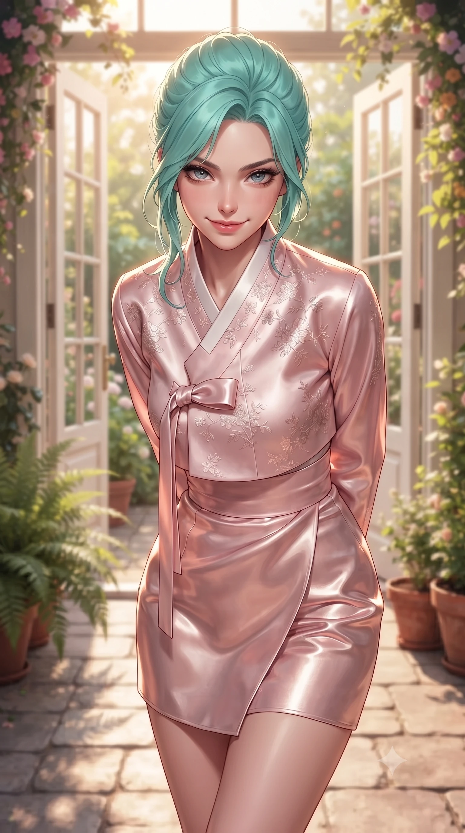 score_9, masterpiece, best quality, ultra-detailed, high-budget anime keyframe, editorial fashion photography, tasteful artistic composition, Japanese woman. close-up cowboy shot from the waist and thighs up, the character dominates the composition, filling the frame with her large presence, background elements kept in soft focus. leaning slightly forward with a playful, teasing smile, her gaze locked onto the viewer the background shows a soft-focus a private sun-drenched botanical patio with double glass doors opening to a garden. She has an exceptionally elegant, slender, and willowy female figure with an ultra-slim waist, a gracefully sculpted slender torso, and a refined silhouette. sharp v-shaped jawline, high-bridge nose, intricate jewel-like eyes with depth, thick eyelashes, glossy lips with a natural sheen. wearing a slim-fit modern fusion hanbok jeogori in light pink silk, paired with a high-waisted wrap skirt. bright afternoon sun rays illuminating the entire green space and her form. ultra-reflective glossy finish, specular highlights, metallic sheen, high-contrast stereoscopic depth, volumetric dynamic lighting, 2k, ultra detail, master piece, 9:16 ratio