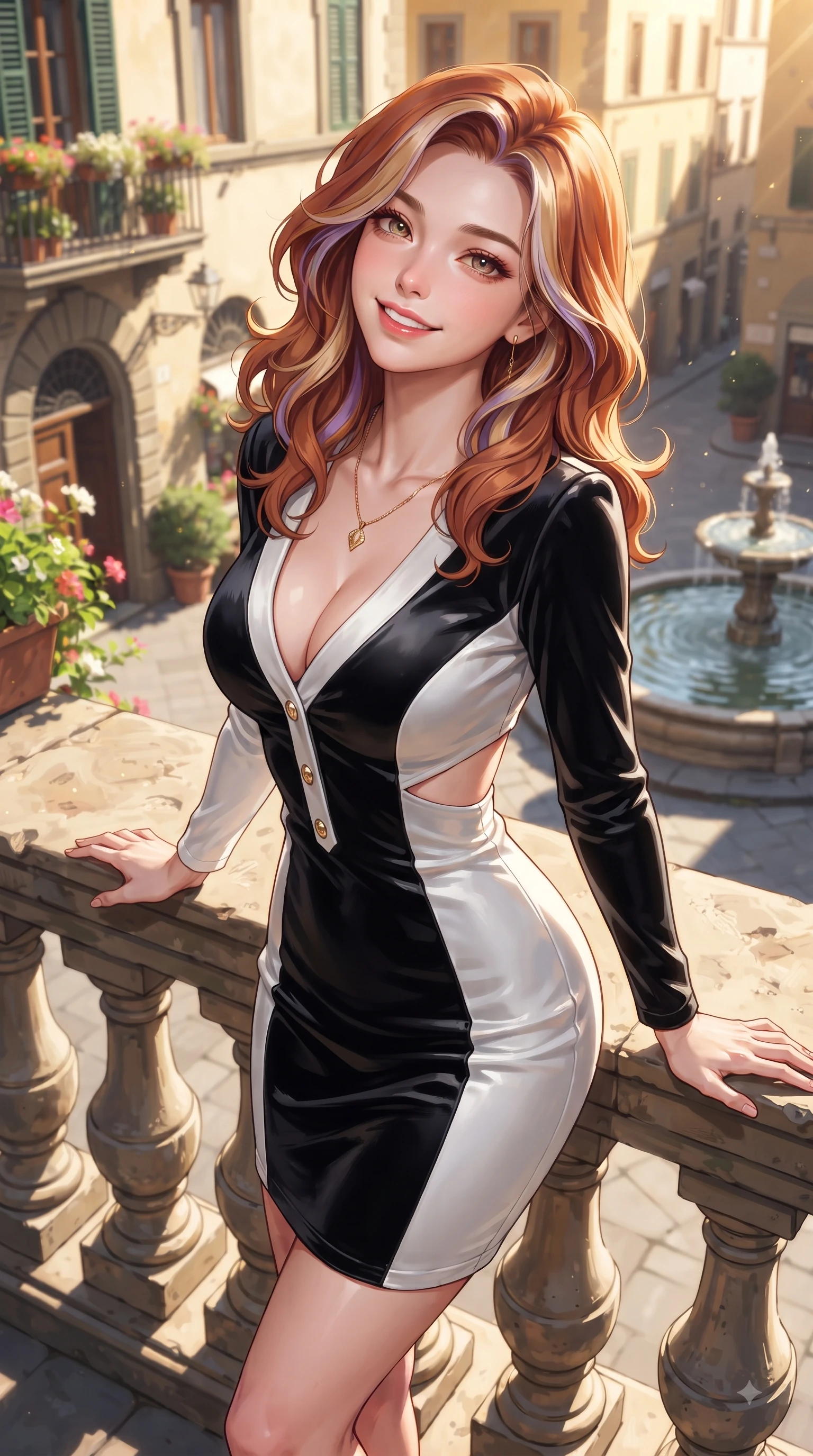 score_9, masterpiece, best quality, ultra-detailed, high-budget anime keyframe, editorial fashion photography, tasteful artistic composition, Caucasian woman. close-up cowboy shot from the waist and thighs up, the character dominates the composition, filling the frame with her large presence. Tilting her chin up with a sweet beaming smile of pure delight while balancing dynamically amidst the scene while leaning against a sunlit stone balustrade overlooking a picturesque old town view. The surrounding environment is rendered in vivid detail and crisp panoramic clarity. vibrant flower displays, fountain water ripples, and crisp architectural shadows in high clarity. She has an exceptionally elegant, slender, and willowy female figure with an ultra-slim waist, a gracefully sculpted slender torso, and a refined silhouette. sharp v-shaped jawline, high-bridge nose, intricate jewel-like eyes with depth, thick eyelashes, glossy lips with a natural sheen, flawlessly proportioned anatomical accuracy, natural body alignment, perfectly sculpted elegant limbs, clean dynamic posture without body distortion. wearing a form-contouring bodycon dress featuring subtle strategic side waist cutouts in sleek jet black and pure white contrast, made of lustrous stretch velvet, adorned with delicate gold buttons along the front, the elegant draped fit framing her graceful clavicle and slender torso. bathed in bright sunny morning light and warm golden sunbursts. ultra-reflective glossy finish, specular highlights, metallic sheen, high-contrast stereoscopic depth, volumetric dynamic lighting, 2k, ultra detail, master piece, 9:16 ratio